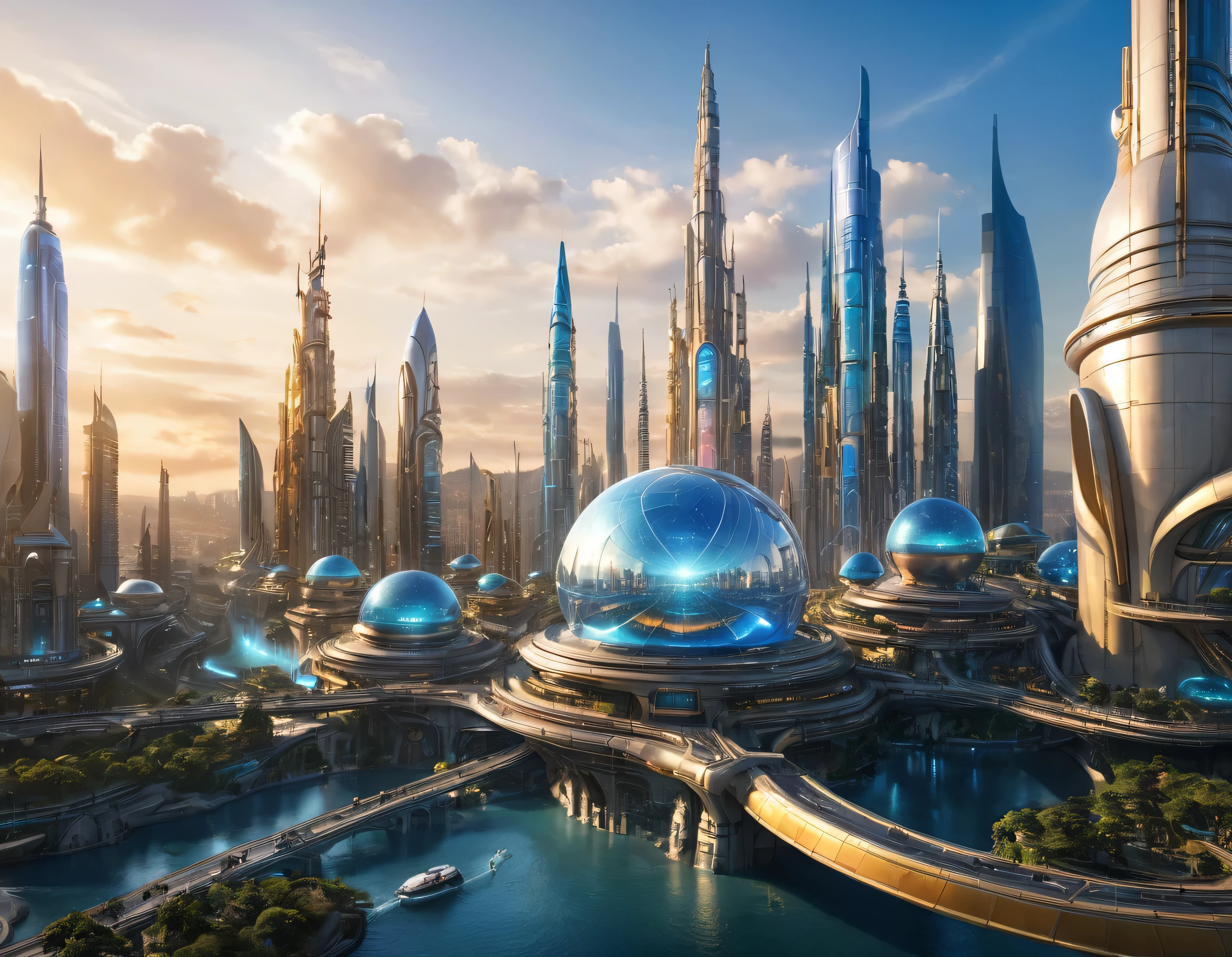 (golden hour lighting), megacity, megalopolis of an imaginary world of science fiction , parecido a una disneylandia futurista, and maximum fantasy, con inmensos edificios y rascacielos ovalados y dodecaedricos agrupados de metal y cristal donde predomina el diamante y los anuncios luminosos de colores. imagen bien definida 8k, (intrincados detalles de la maquina), con muchos edificios juntos.(obra maestra de superior calidad).(imagen fotorrealista), nitidez absoluta hasta el fondo