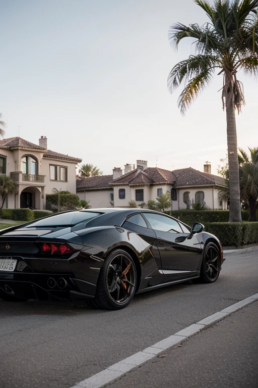 A gleaming Lamborghini is elegantly parked in front of a sumptuous mansion, its aerodynamic lines contrasting with the opulence of the residence in the background. O sol reflete nas janelas de vidro, while the palm trees gently dance in the wind, Creating a scene of luxury and sophistication.