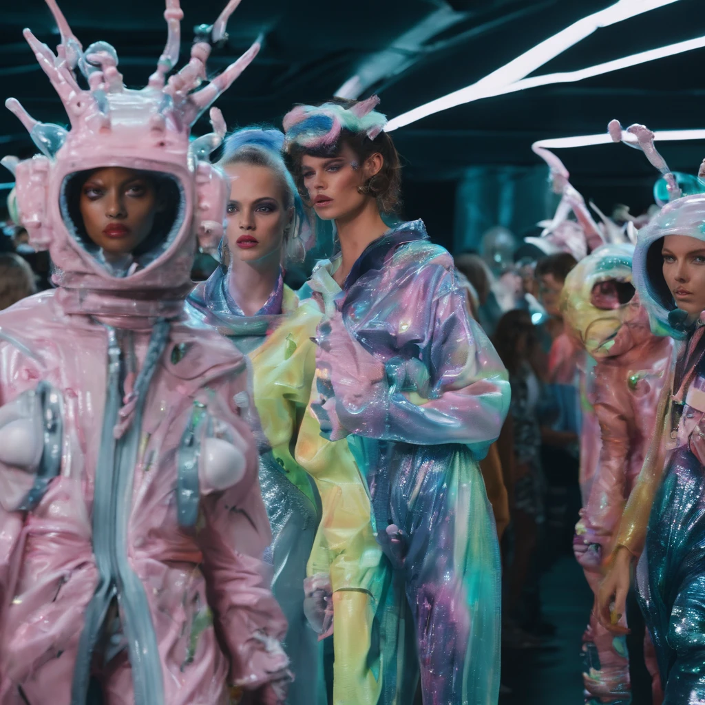 High fashion show, beautiful models walk down the catwalk in different strange awful pajamas