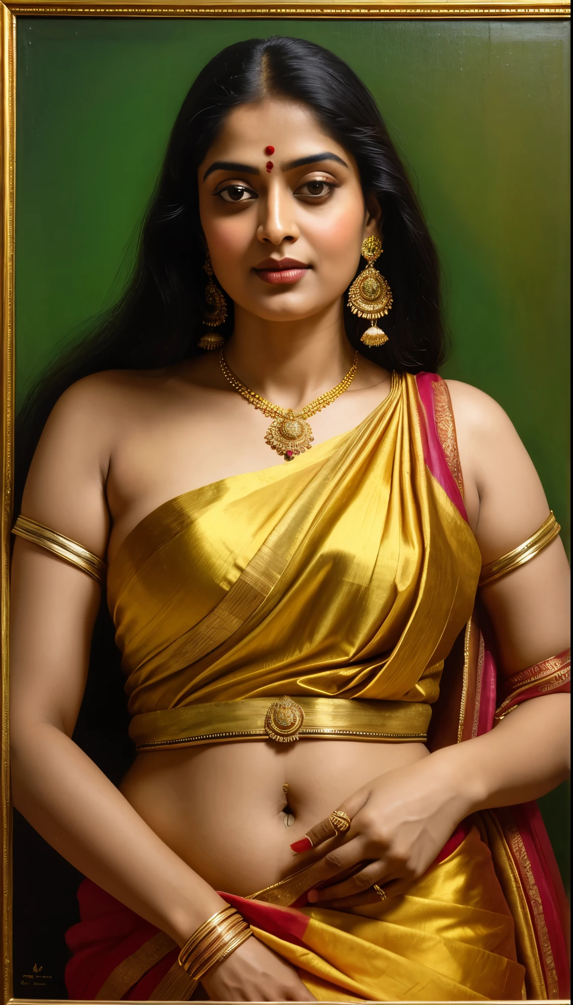 Beautiful painting of a woman in a sari with a necklace and earrings, looks like Sandeepa Dhar, inspired by Raja Ravi Varma, szukalski ravi varma, portrait of a beautiful goddess, by Raja Ravi Varma, indian goddess, traditional beauty, a stunning portrait of a goddess, inspired by T. K. Padmini, indian art, indian goddess of wealth, portrait of a goddess