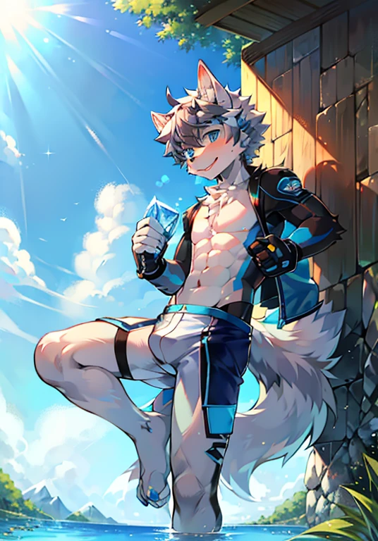 full body,Furry,Wolf boy,White fur,crystal blue eyes,Single fluffy tail,greyt hair,short detailed hair,summer day,dive,Wear diving goggles,masculine features
