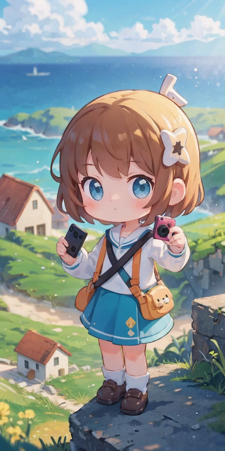 Girl taking a selfie at the observation deck on top of the mountain、You can see the sea and town in the distance