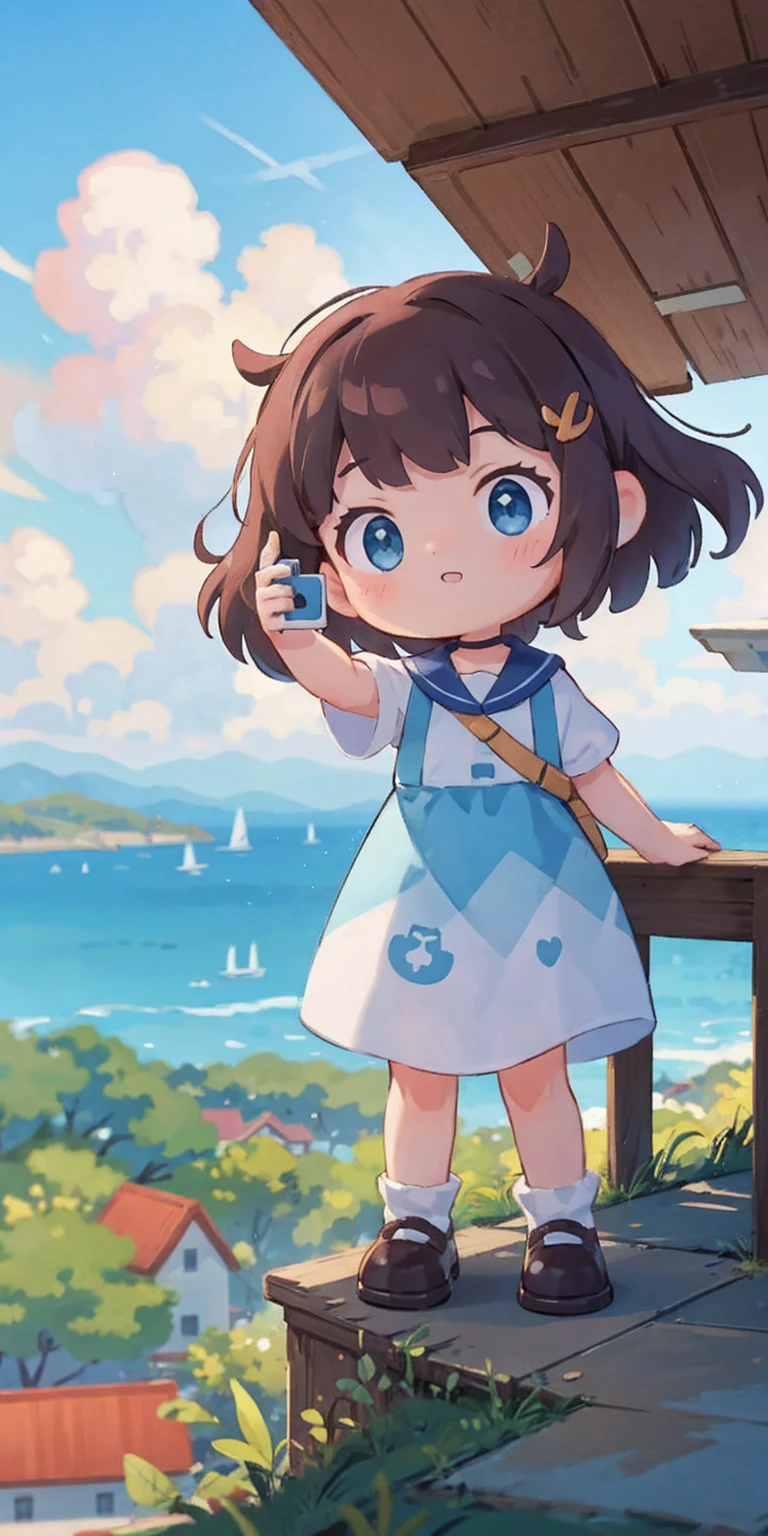 Girl taking a selfie at the observation deck on top of the mountain、You can see the sea and town in the distance