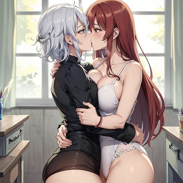 (((obra maestra del anime))), (((anime bien realizado))), romantic couple teacher man and his family, mujer foxy adulta con el pelo largo gris y ojos rojos brillantes, piel palida, sonriente, hombre adulto, pelo corto negro rojizo, ojos radiantes de color verde saturado, piel palida, avergonzado 😳, muy cerca entre el y ella,