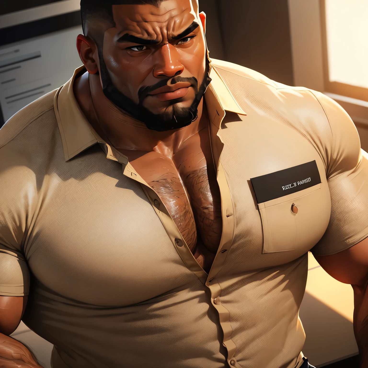 an exaggeratedly muscular and large bodyguard, beefy build, beard, dark-skinned african american male, buzzcut hair with square line, (wearing beige casual business shirt: 1.2), name tag, (bara pecs: 1.3), (arm and chest hair: 1.1), close-up portrait HD, bright corporate office