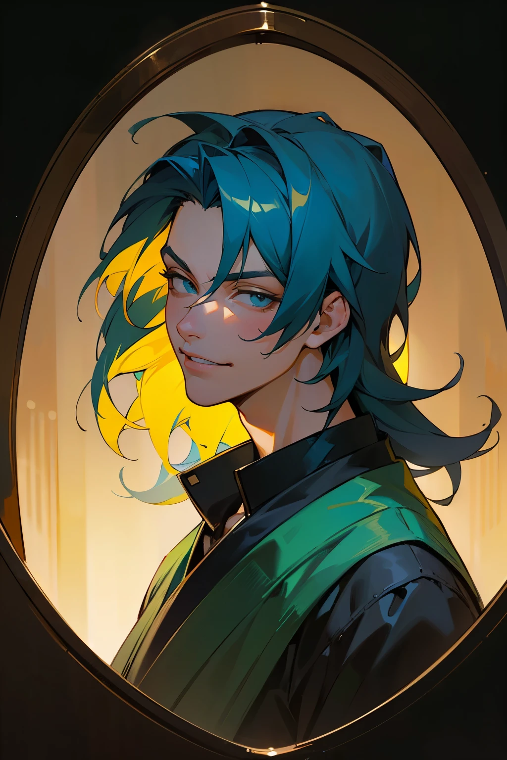 (Sakimical Frank Franchetta, Heise Jinyao). portrait. Masterpiece, prime quality, realistic portrait of 1 man. He is handsome, tall, with cropped tousled hair of shifting vibrant hues, each strand outlined meticulously - the curls tousled and wild yet aesthetically pleasing. His eyes are bright, restless, an odd yet captivating mix of all colors, purposefully detailed to reflect vivacity. He dons a mismatched ensemble of lush, vibrant colors, each piece of clothing distinctly outlined and richly colored, paying homage to his unpredictable nature. Masculine, yet with a sprite-like charm, his physique is lean and agile, constantly in motion, giving him an air of ceaseless energy. Overlay this with a hint of a grin, a playful smirk that never leaves his face. The background is an intricately painted light scene – an apartment hallway bathed in detailed lighting and highlights, the sunlight spilling in through an ajar door, creating a perfect balance between him and his surroundings. The portrait captures the spectrum of his character - the infectious enthusiasm, the intensity of his gaze, his unceasing restlessness - all woven into a single, mesmerizing image that would not be out of place in a Sakimichan or Heise Jinyao gallery.