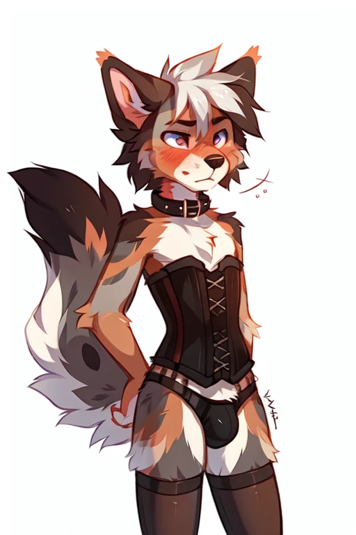 full body,No background, white background, ((by keihound, by reysi)), by Zackary911, by hyattlen, by fumiko, by fluff-kevlar, Furry, Anthro, ((Australian Shepard)), ((loose collar)), ((teen)), ((twink)), ((small)), ((bored eyes)), ((annoyed expression)), ((blushing)), ((shaking motion line)), full body, short white hair, ((fluffy tail)), ((corset, bulge, stockings)),