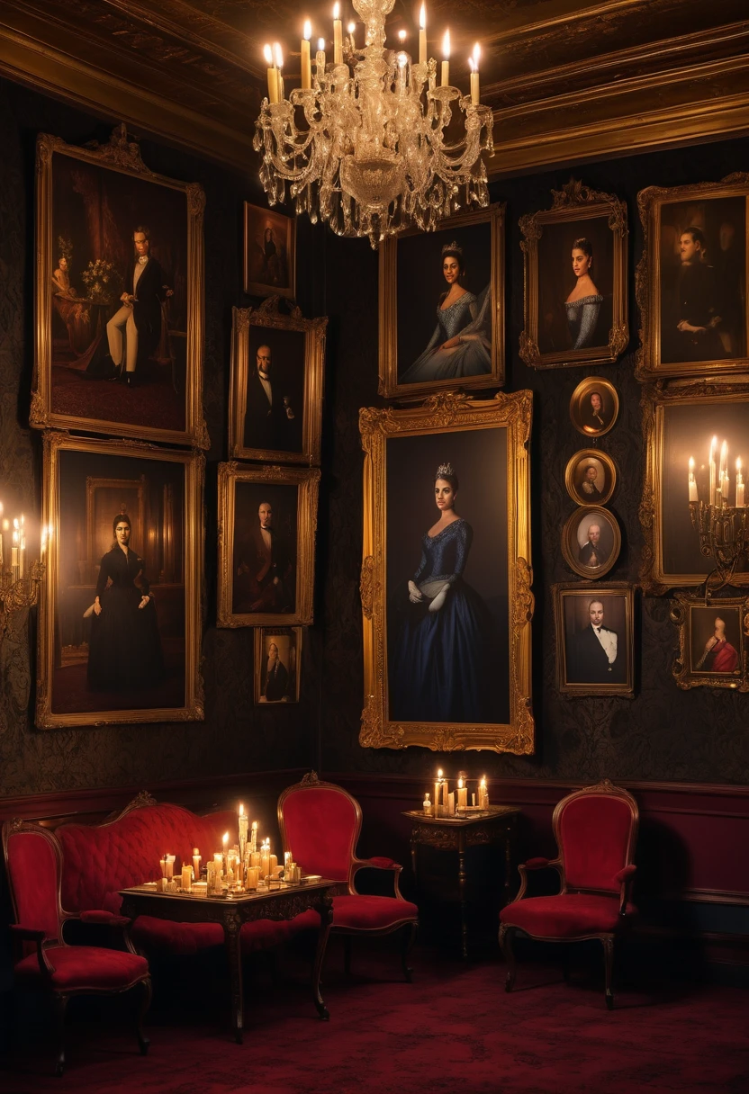 A background of a Republican Victorian princess room and a lot of big frames of pictures of the Royal family, a dark room with candle lights, the candles are invisible and the background is a bit of action to be used in a film poster
