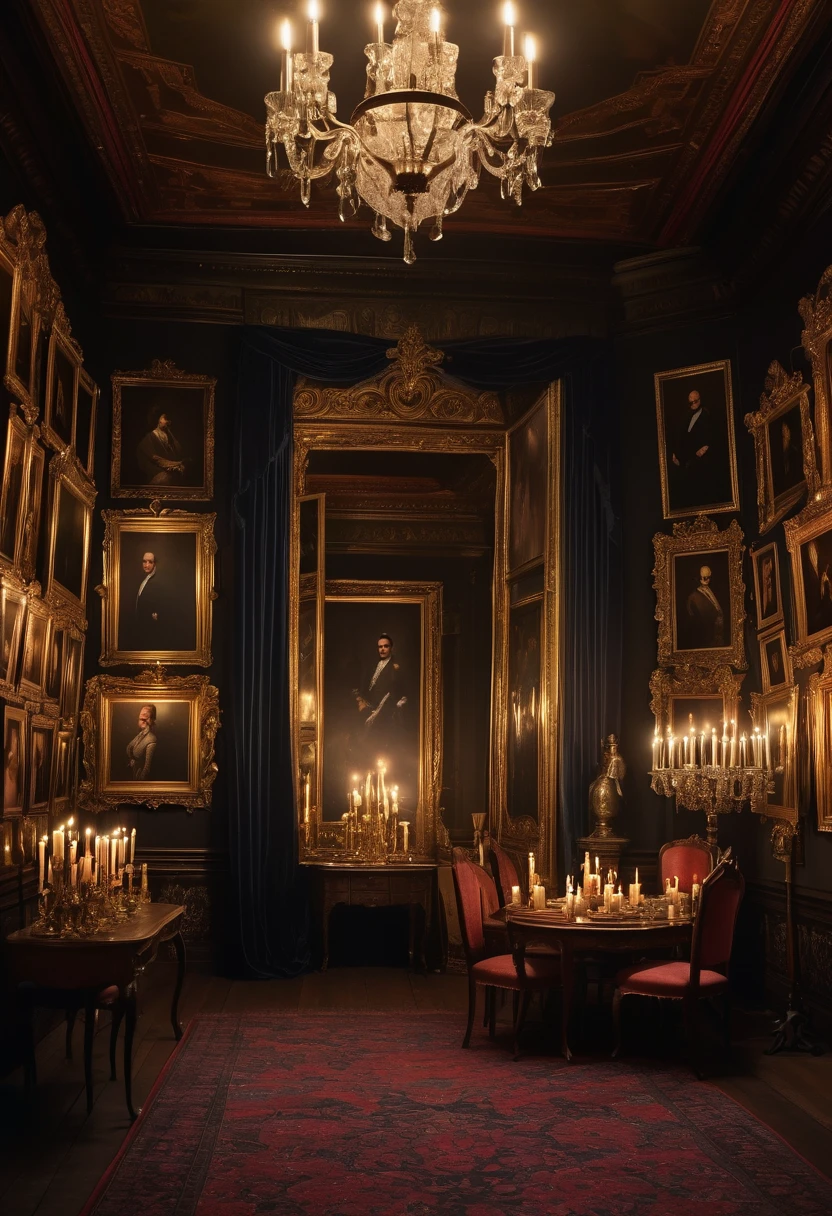 A background of a Republican Victorian princess room and a lot of big frames of pictures of the Royal family, a dark room with candle lights, the candles are invisible and the background is a bit of action to be used in a film poster