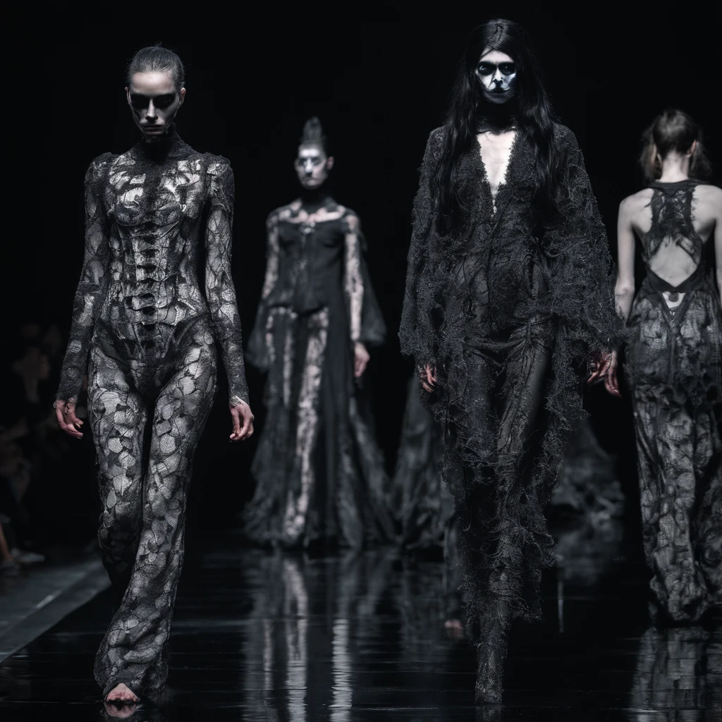 High fashion show, beautiful models walk down the catwalk in different strange awful pajamas
