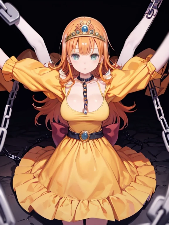 masterpiece, highest quality, Medium wide shot、cowboy shot、1　mature woman、big breasts、cleavage、dqLaura, orange hair、tiara, necklace, yellow dress, elbow gloves、tiara, orange hair, long hair, big , butt, necklace, yellow dress, elbow bag, looking at the viewer,　NSFW,sex,,(((chain over clothes:1.5))),(put your arms back:1.3)，(Sorry look)，suppressed ,restrained by chains, tightly bound and confined ,There are a lot of blood stains on the shirt, cave、prison、dark、