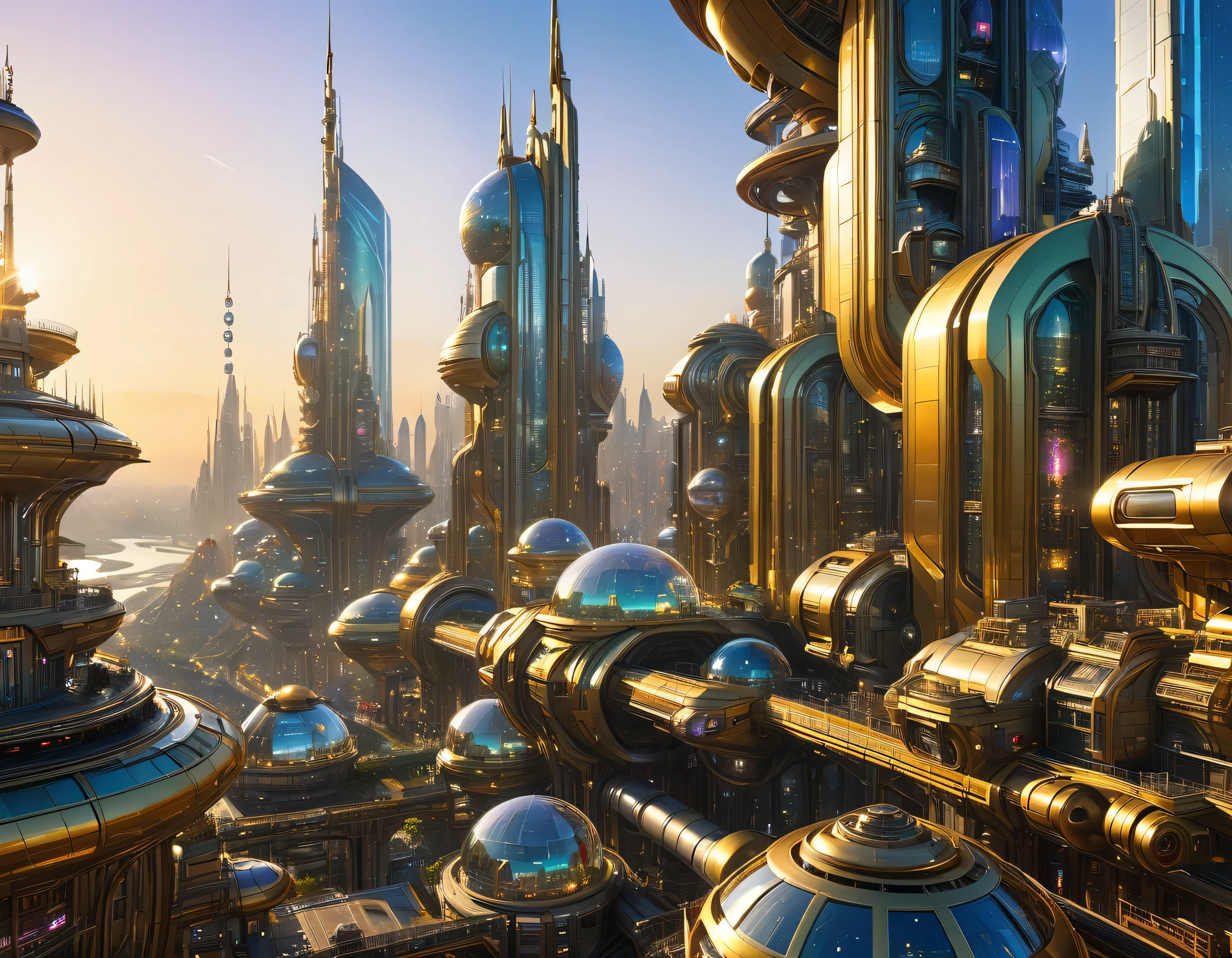 (golden hour lighting), megacity, megalopolis of an imaginary world of science fiction , parecido a una disneylandia futurista, and maximum fantasy, con inmensos edificios y rascacielos ovalados y dodecaedricos agrupados de metal y cristal donde predomina el diamante y los anuncios luminosos de colores. imagen bien definida 8k, (intrincados detalles de la maquina), con muchos edificios juntos.(obra maestra de superior calidad).(imagen fotorrealista), nitidez absoluta hasta el fondo