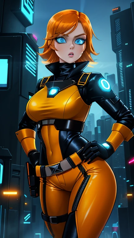 girl, cowboy shot, Sexy experienced agent girl in futuristic bodysuit in action, Cyberpunk Agent, orange hair, blue eyes, (Wearing: highly detailed futuristic jumpsuit, utility belt, boots), light skin, natural makeup, athletic body, standing in a futuristic city with neon lights, holding two pistols with both hands, looking fiercely at the viewer while surrounded by flying drones.
