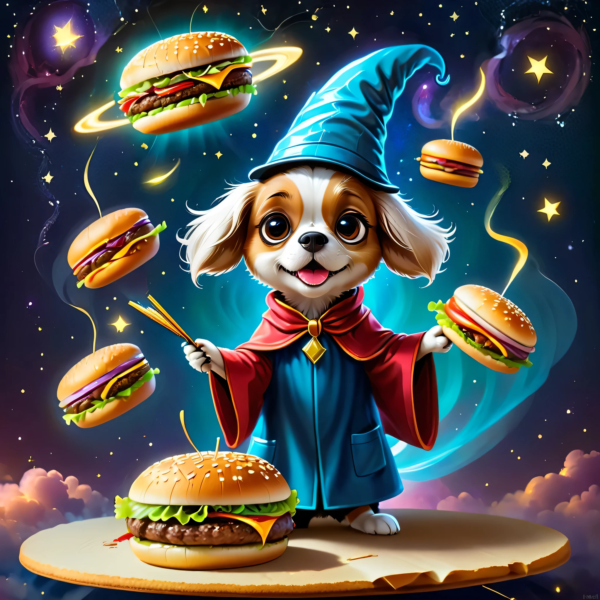 A wizard little dog reading making a hamburger fly