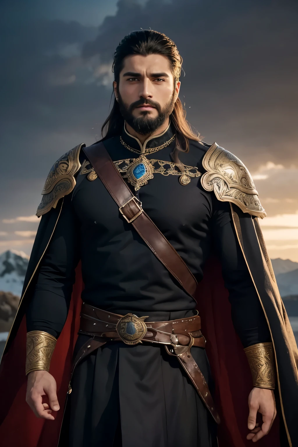 A strikingly handsome 30-year-old man with a chiseled jawline and piercing hazel eyes, Ertugrul Ghazi commands attention with his powerful presence. With his well-groomed black beard and charismatic smile, he exudes confidence and strength. Dressed in traditional warrior attire, including a regal, intricately embroidered cape and a steel armor chest plate, he embodies the spirit of a fearless leader. Standing tall against a dramatic backdrop of a battle-scarred landscape, he holds his gleaming sword with determination. The image captures him in mid-action, his muscular frame showcasing his formidable prowess. The lighting accentuates the contour of his face and highlights the intensity in his eyes. This cinematic masterpiece, shot with a