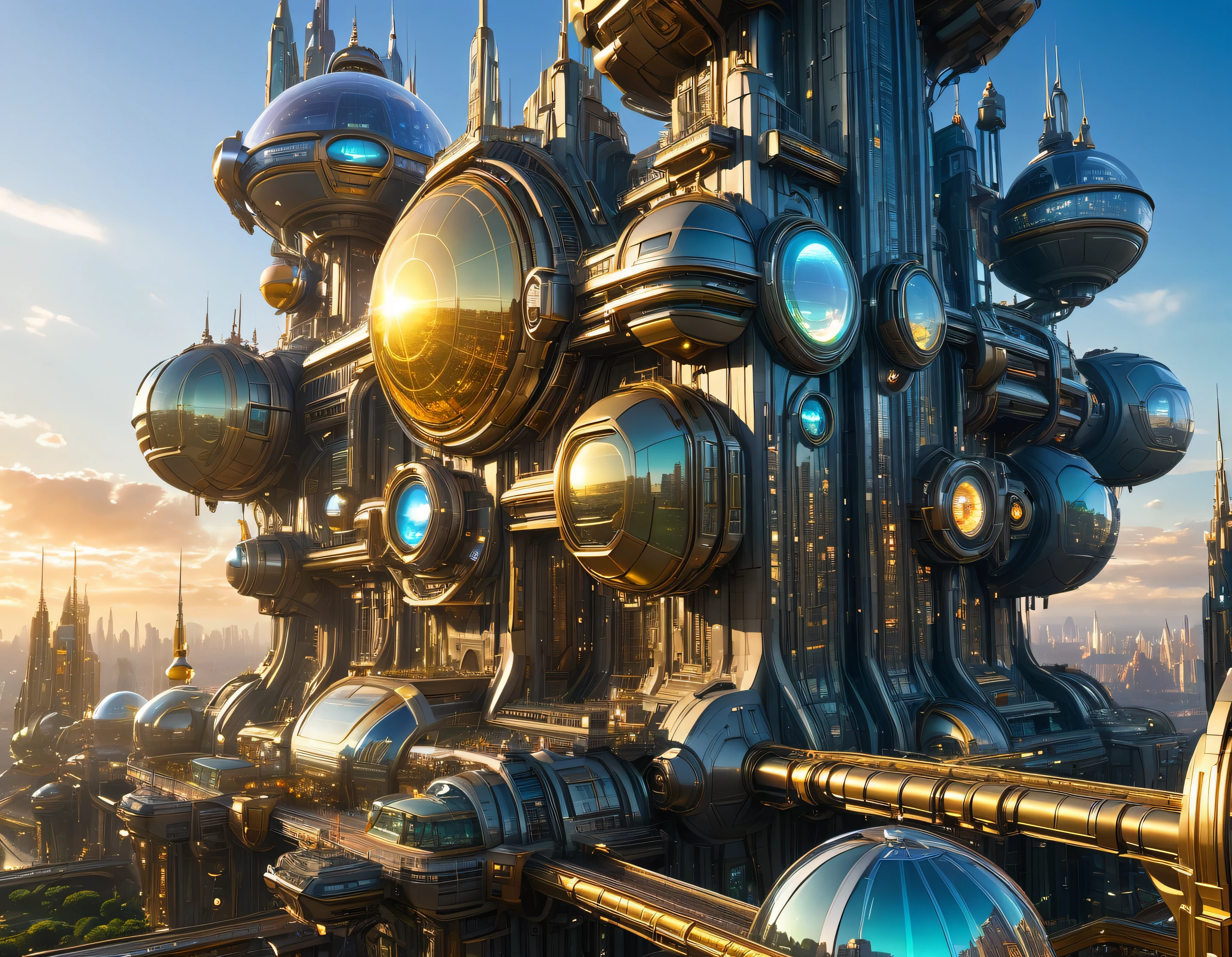 (golden hour lighting), megacity, megalopolis of an imaginary world of science fiction , parecido a una disneylandia futurista, and maximum fantasy, con inmensos edificios y rascacielos ovalados y dodecaedricos agrupados de metal y cristal donde predomina el diamante y los anuncios luminosos de colores. imagen bien definida 8k, (intrincados detalles de la maquina), con muchos edificios juntos.(obra maestra de superior calidad).(imagen fotorrealista), nitidez absoluta hasta el fondo