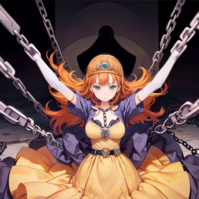 masterpiece, highest quality, Medium wide shot、cowboy shot、1　mature woman、big breasts、cleavage、dqLaura, orange hair、tiara, necklace, yellow dress, elbow gloves、tiara, orange hair, long hair, big , butt, necklace, yellow dress, elbow bag, looking at the viewer,　NSFW,sex,,(((chain over clothes:1.5))),(put your arms back:1.3)，(Sorry look)，suppressed ,restrained by chains, tightly bound and confined ,There are a lot of blood stains on the shirt, sad face、cave、prison、dark、