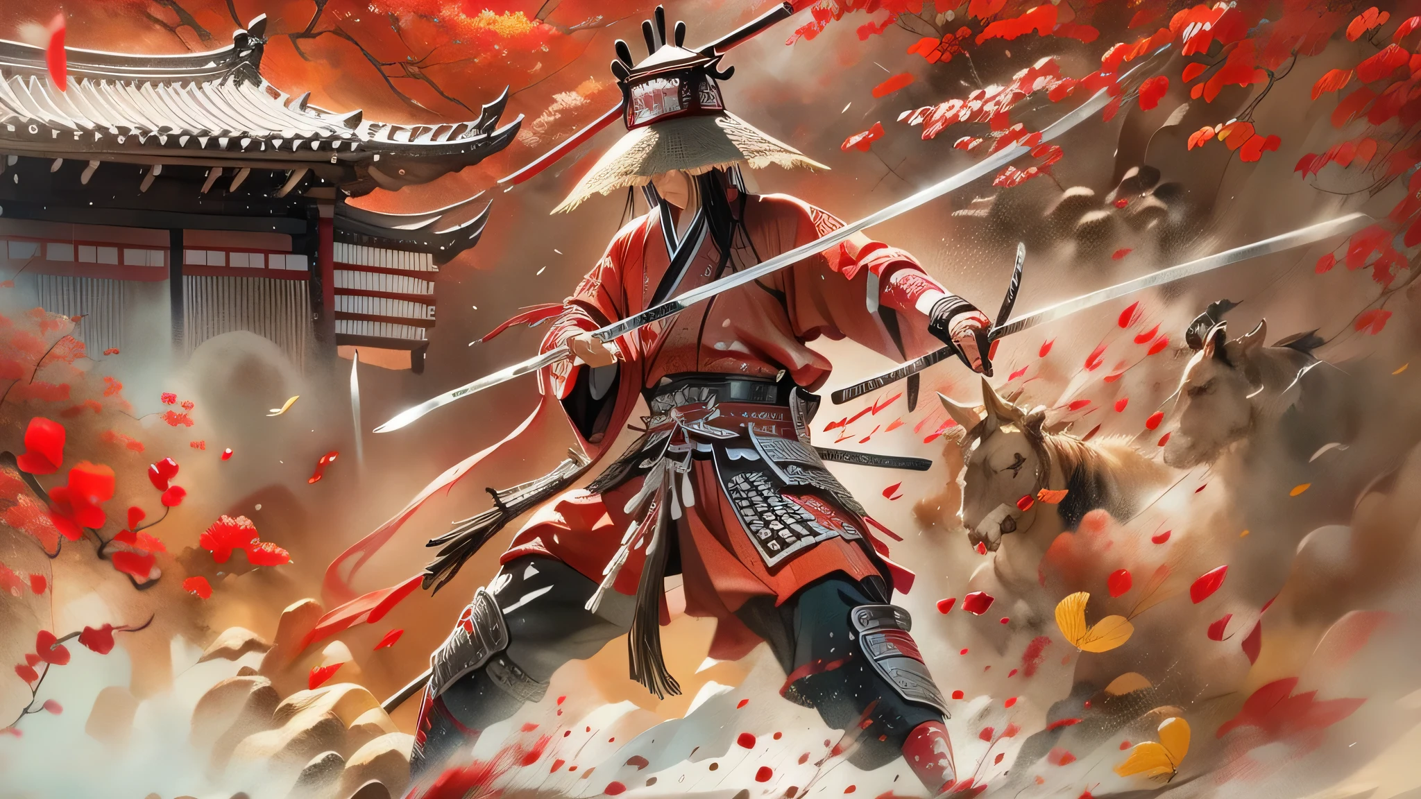 create for me panoramic ,wide angle and watercolour picture, acrylic effects, the picture called The way of Samurai, two samurais in katana battle, one from the left wering kimono and straw hat, one from the right wearing samurai armour and helmet,highly detailed picture,  there is a red and blac acrylic paint smugded on the painting, state of art, uhd quality hdr, masterpiece ,