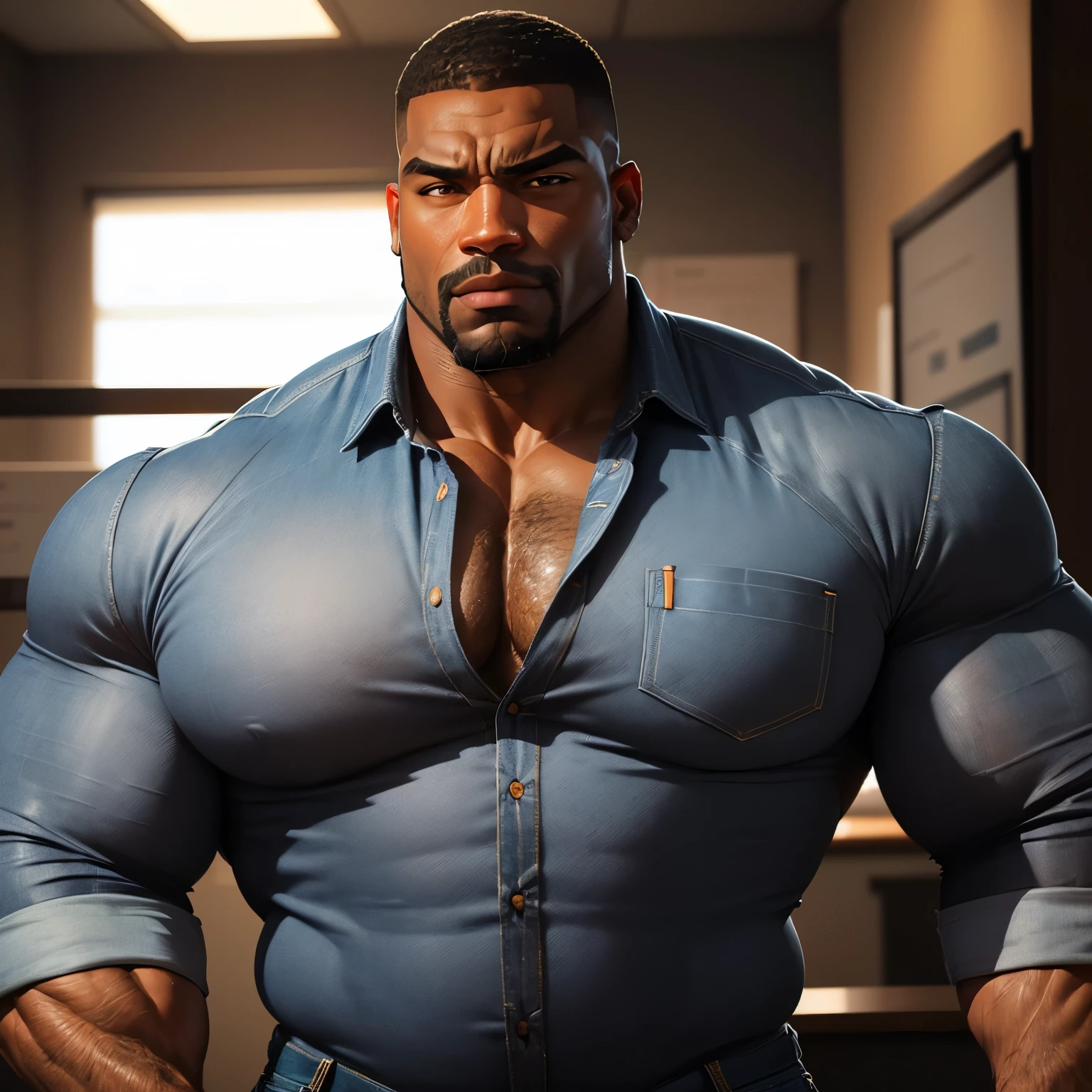 an exaggeratedly muscular and large bodyguard, beefy build, beard, dark-skinned african american male, buzzcut hair with square line, (wearing black denim casual business shirt: 1.2), name tag, (bara pecs: 1.3), (arm and chest hair: 1.1), close-up portrait HD, bright corporate office
