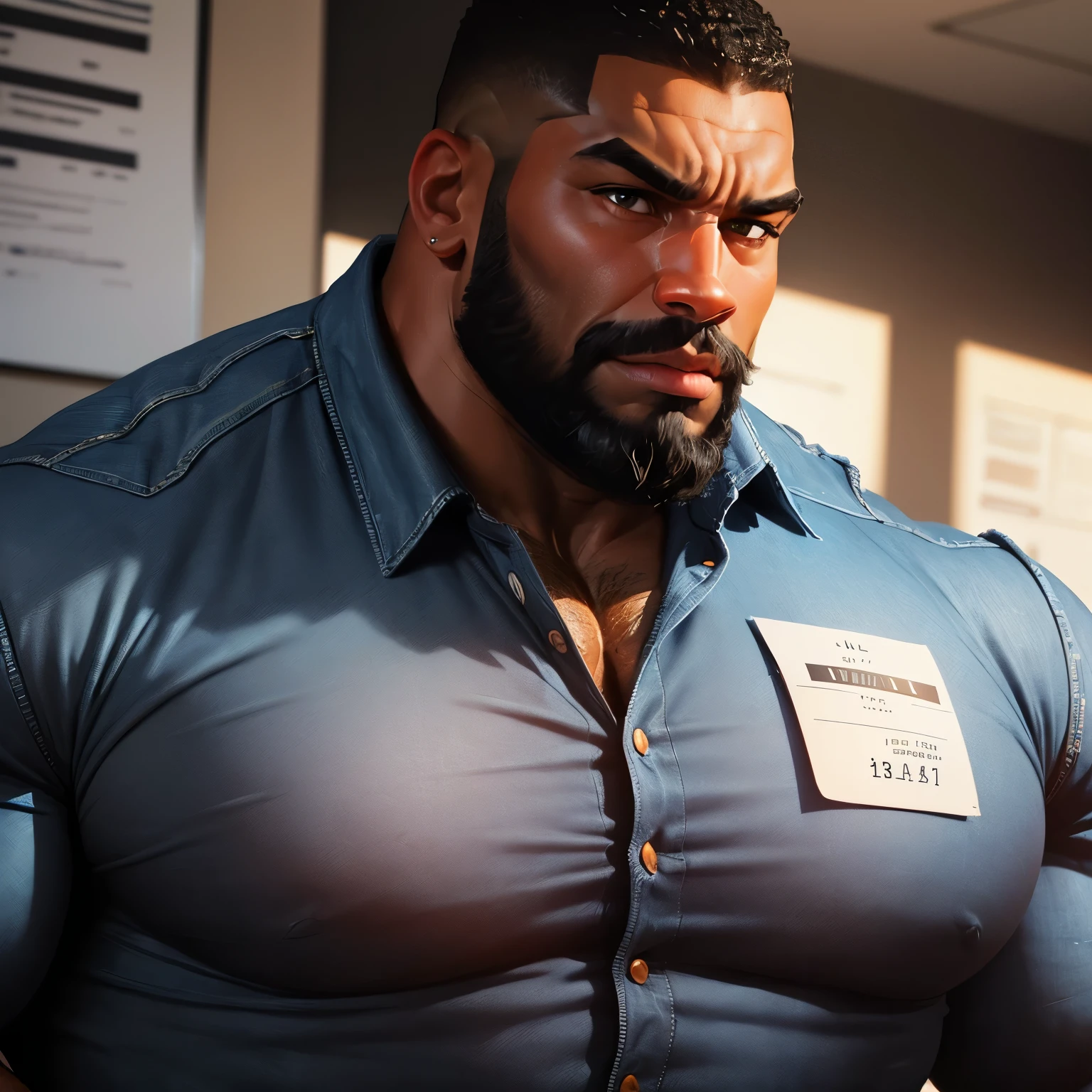 an exaggeratedly muscular and large bodyguard, beefy build, beard, dark-skinned african american male, buzzcut hair with square line, (wearing black denim casual business shirt: 1.2), name tag, (bara pecs: 1.3), (arm and chest hair: 1.1), close-up portrait HD, bright corporate office