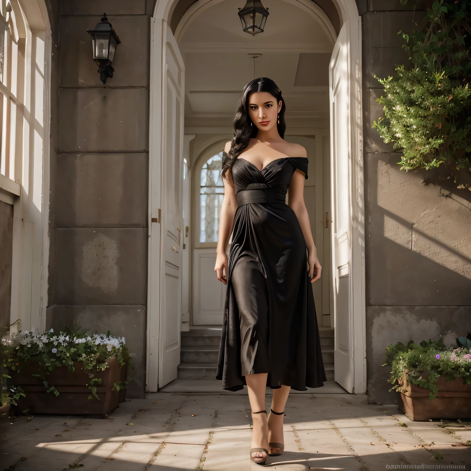 Compelling full body digital portrait of a beautiful woman with jet black hair, likeness to 24 year old Carrie Fisher, long flowing dress, smoky eyes, combines Rembrandt's classical techniques with modern artistry, bright red lips, and perfect eyes against a gray-toned blurred backdrop, charming slight smile, 8k resolution, every detail of formal dress from 40's, elegant updo, rose in her hair, in Razumov and Garmash styles, vibrant colors, soft natural light, volumetric, cinematic quality, black high heels, lush flower garden setting