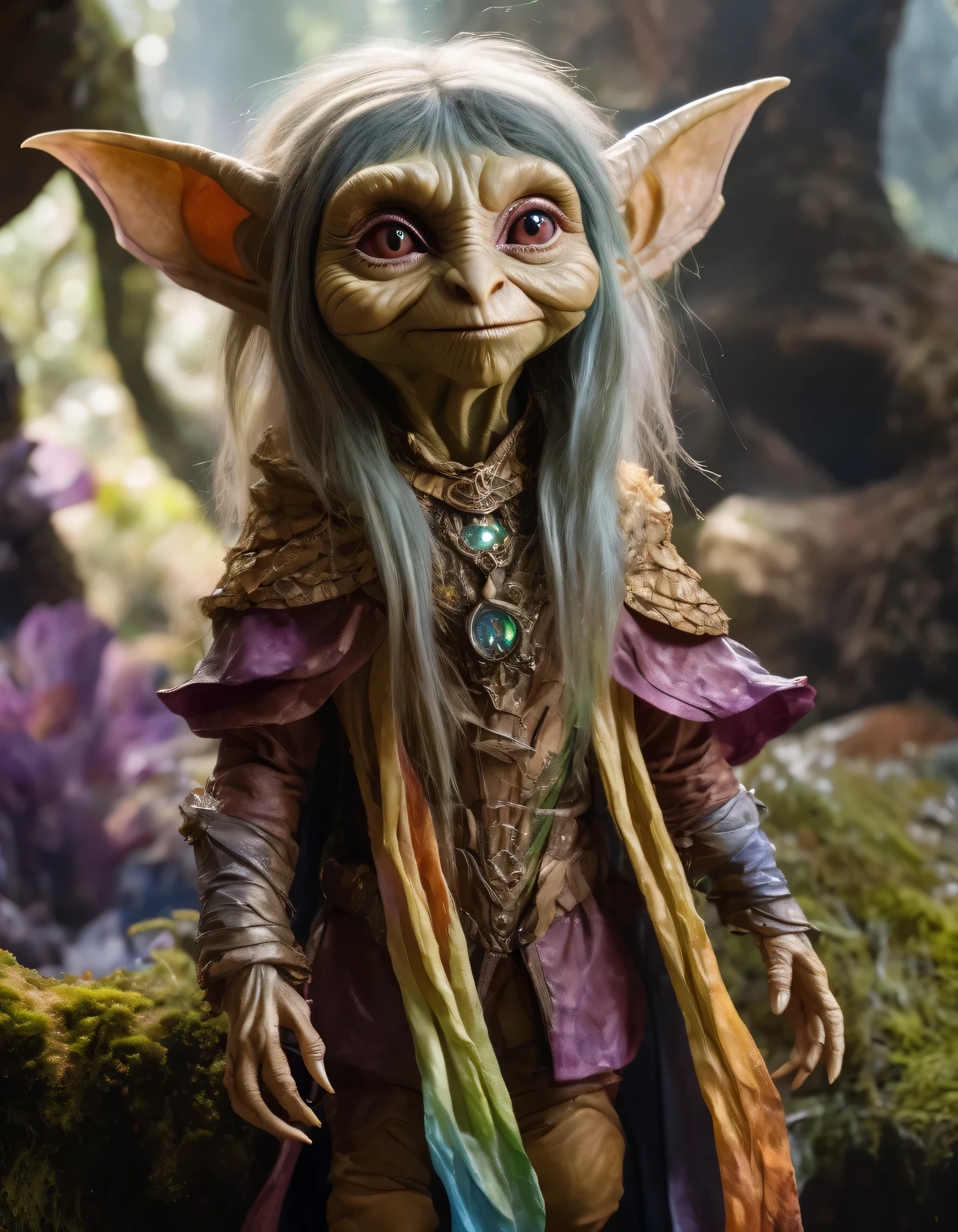 A Gelfling extra furry animal like less clothes princess full body life size from the Dark Crystal Hyperrealistic, splash art, concept art, mid shot, intricately detailed, color depth, dramatic, high definition, hold a paper, a paper with text(KANGEN ARMAN)