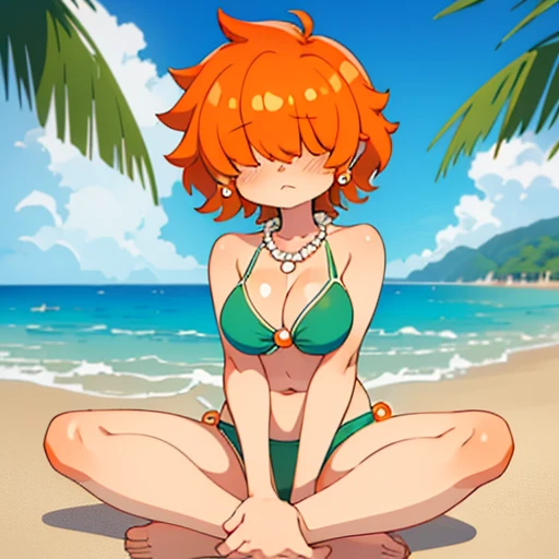 ,High quality,Female ,((hair covering eyes,fluffy hair,short hair,exhausted expression,(breasts),solo,orange hair,toned,Earrings,Curvy legs,2 arms, Pearl Necklace,green bikini,beach,sitting