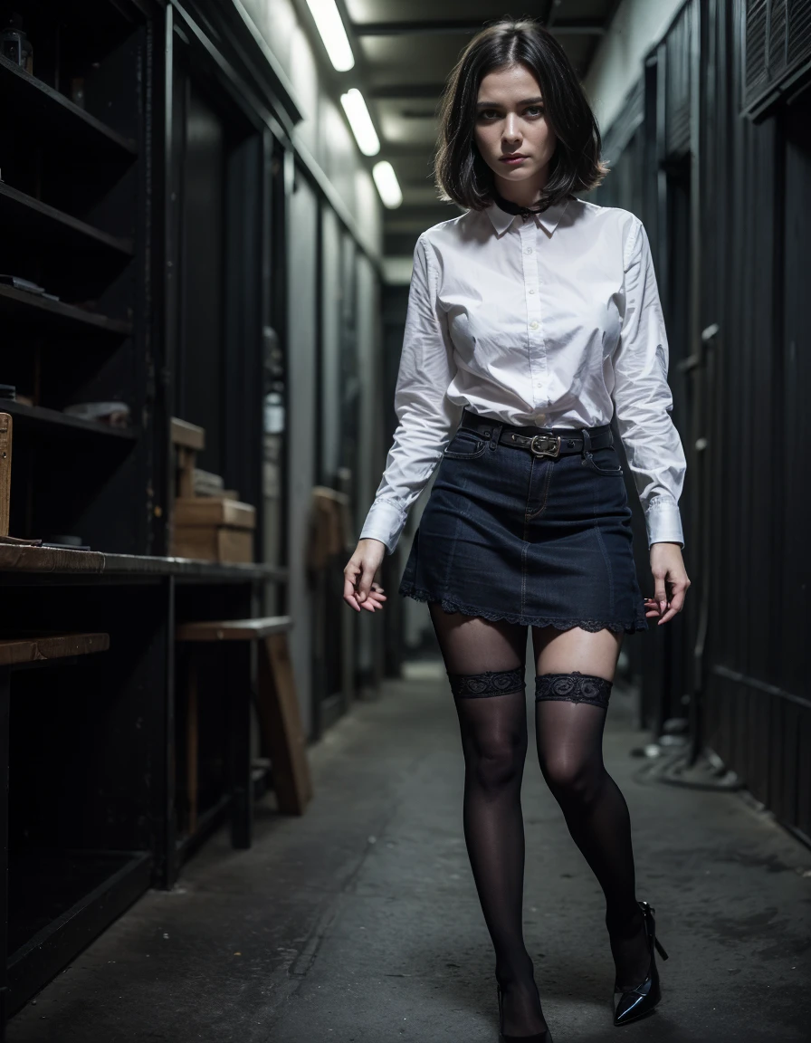 (Best Quality,hight resolution:1.2),The woman,Expressive wrinkles,Bob haircut,jeans skirt,blouse,(dark lace stockings with garters), highheels,Detailed eyes and face,expression of despair,Dark and moody lighting,ominous vibe,(Imminent Doom:1.2),(Sold as a product:1.3), (slave trade:1.2), (slavegirl:1.2)