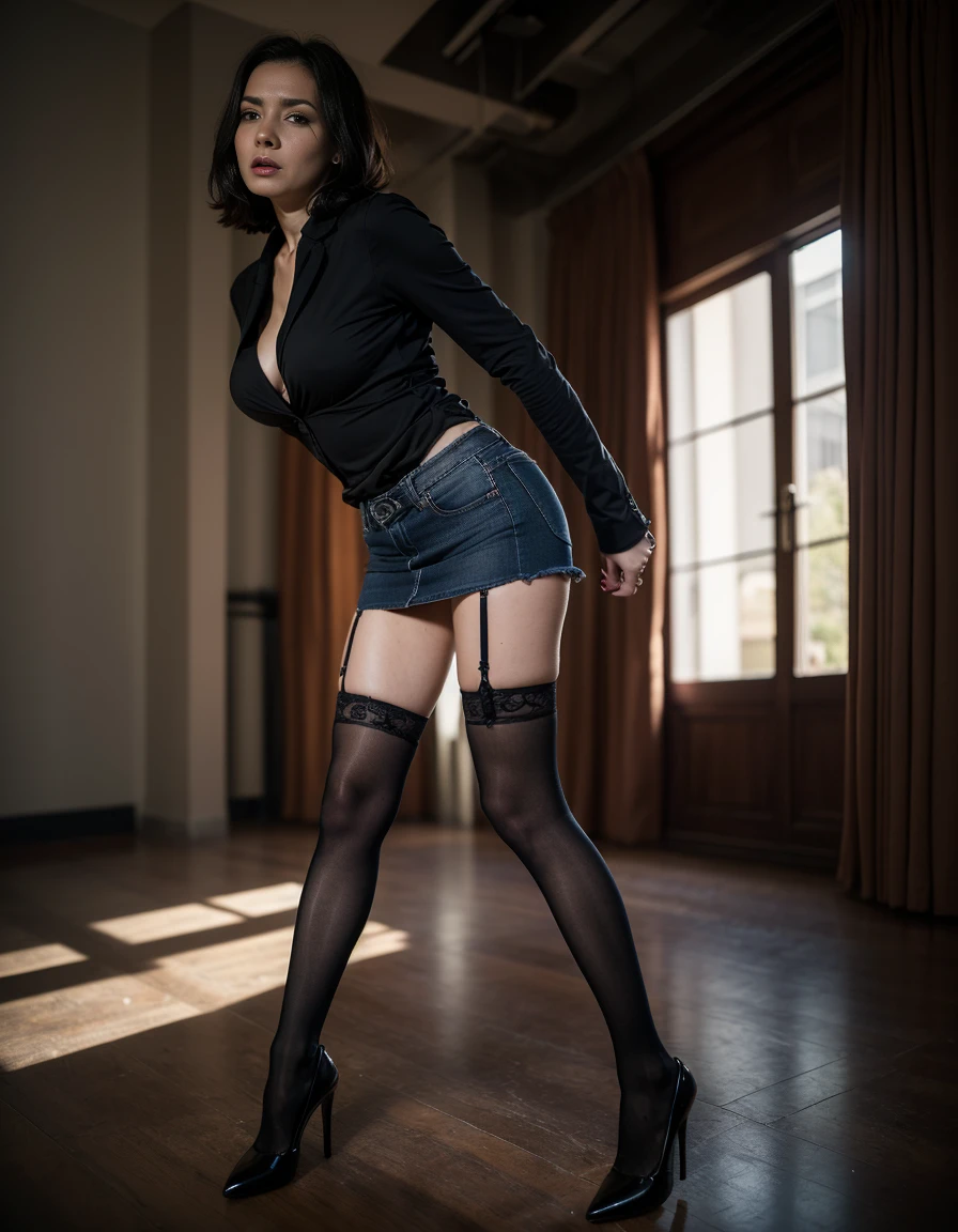 (Best Quality,hight resolution:1.2),The woman,Expressive wrinkles,Bob haircut,jeans skirt,blouse,(dark lace stockings with garters), highheels,Detailed eyes and face,expression of despair,Dark and moody lighting,ominous vibe,(Imminent Doom:1.2),(Sold as a product:1.3), (slave trade:1.2), (slavegirl:1.2)