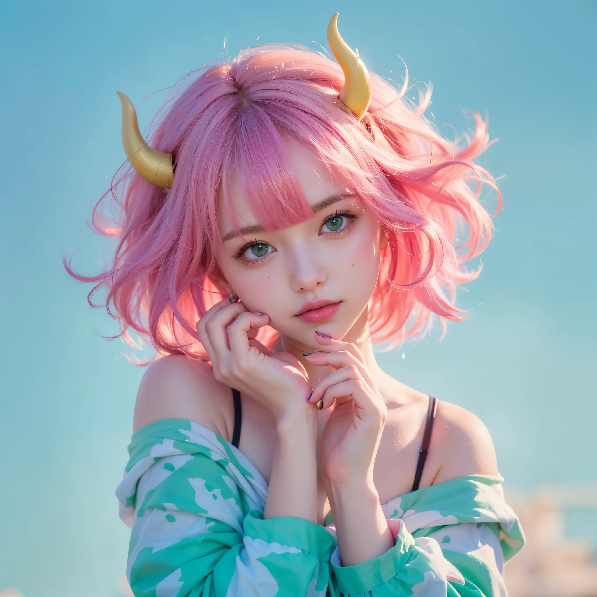 a very girl with pink hair and green eyes posing for a picture, 