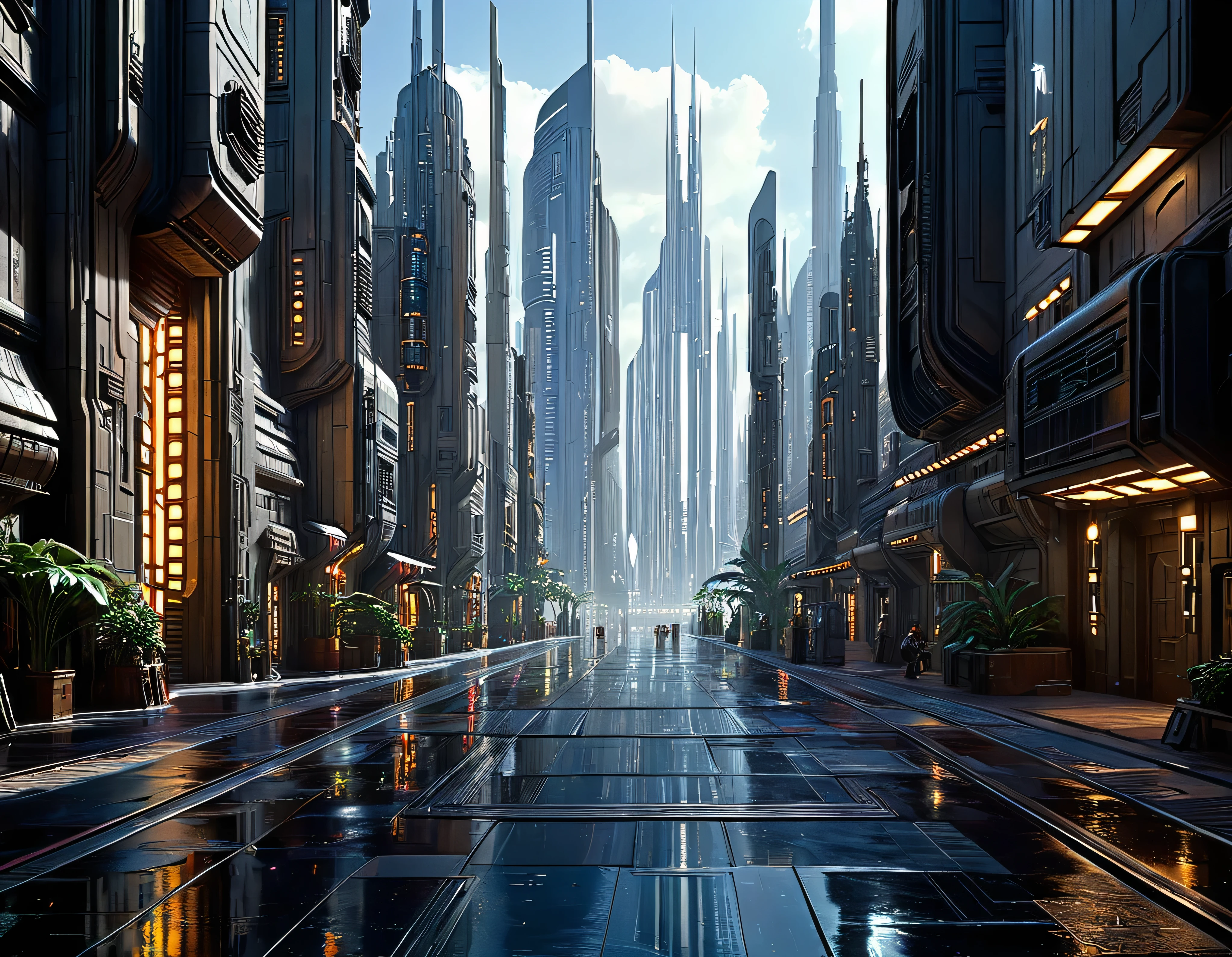(The city of Coruscant from Star Wars as designed by Doug Chiang), futuristic fantasy city with immense buildings of technological design (que forman una avenida infinita), non-blurred compact buildings with metallic appearance, luces en ventanas en edificios, daylight lighting with sun, con estructuras acristaladas espectaculares, (con colores vivos). pavimento ensolado (sin brillo). gente paseando. imagen bien definida con muchos edificios juntos. sharp well defined 8k image. los edificios llegan alta el fondo.,8k. cinematographic image. ((obra maestra de superior calidad)). (renderizado 3D). fondo nitido