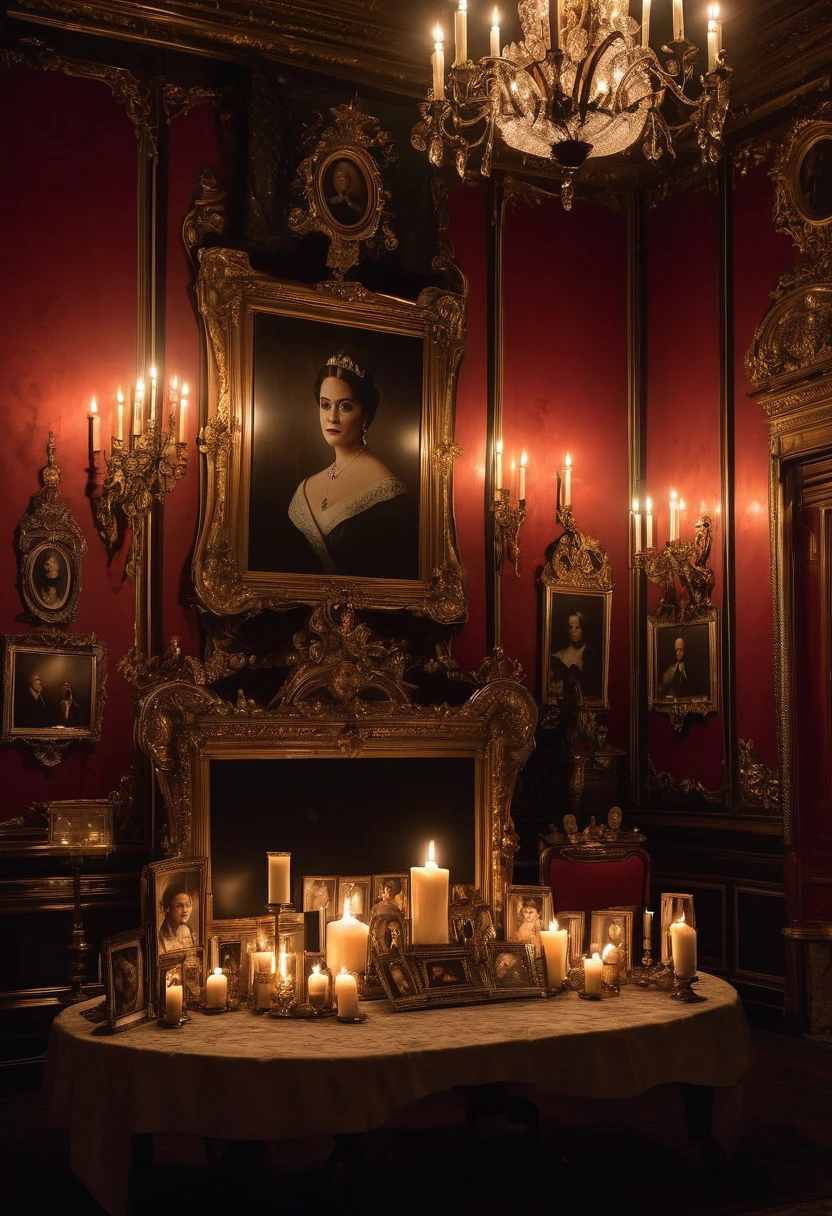 A background of a Republican Victorian princess room and a lot of big frames of pictures of the Royal family, a dark room with candle lights, the candles are invisible and the background is a bit of action to be used in a film poster