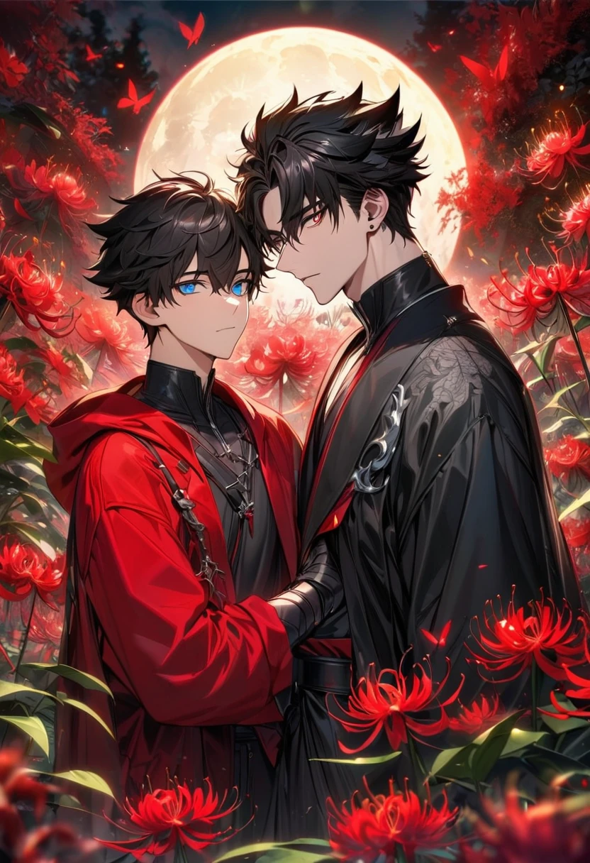 (absurdres, highres, ultra detailed, HDR), master piece, best quality, Wriothesley, long black hair, vibrant red eyes, red haori, black robes with accessories, Dan Heng, black short hair with bangs, a man together with a young boy, gay, handsome, red hoodie, vibrant blue eyes, red spider lilies garden, moon, red butterflies