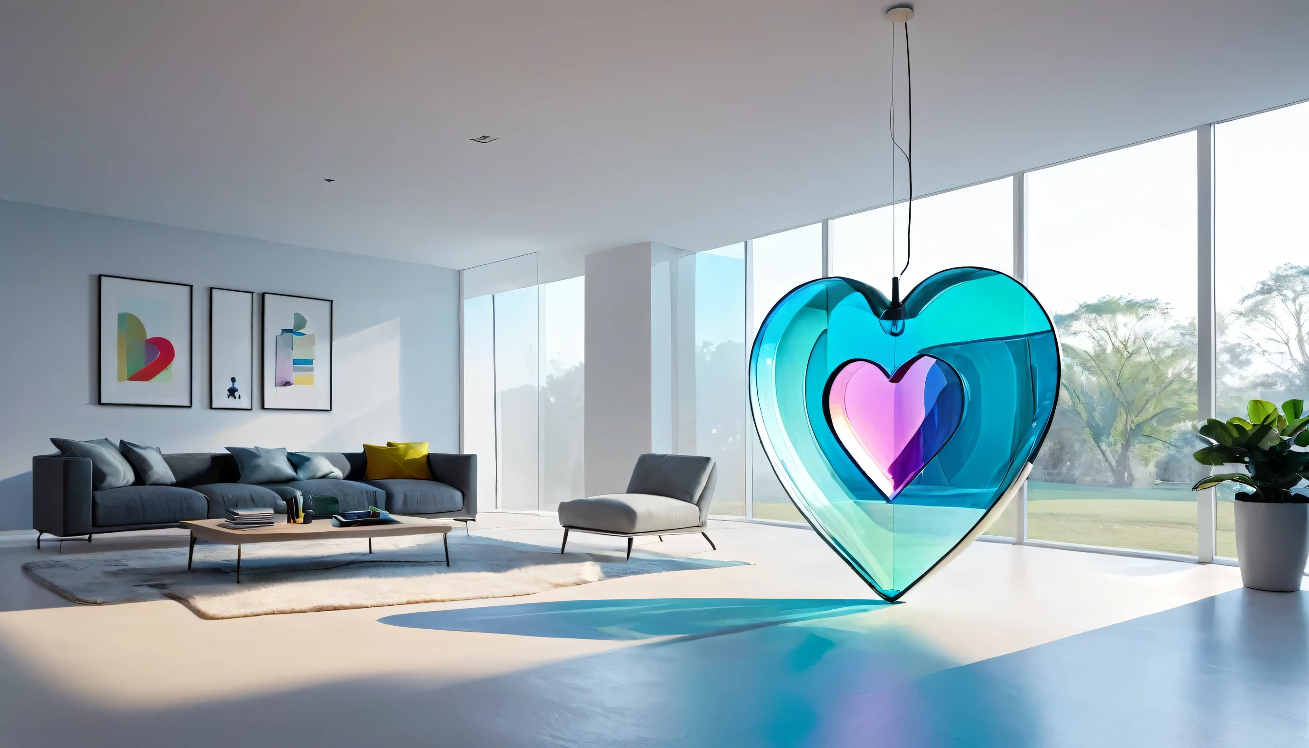 sala minimalista en colores claros, a huge multicolored glass heart floating in the center, un espacio de gradientes de colores, figuras geometricas cambiantes de color dependiendo de la distancia, luz que se refracta, humo de colores en formas caoticas, UHD, ccurate, super detail, best quality