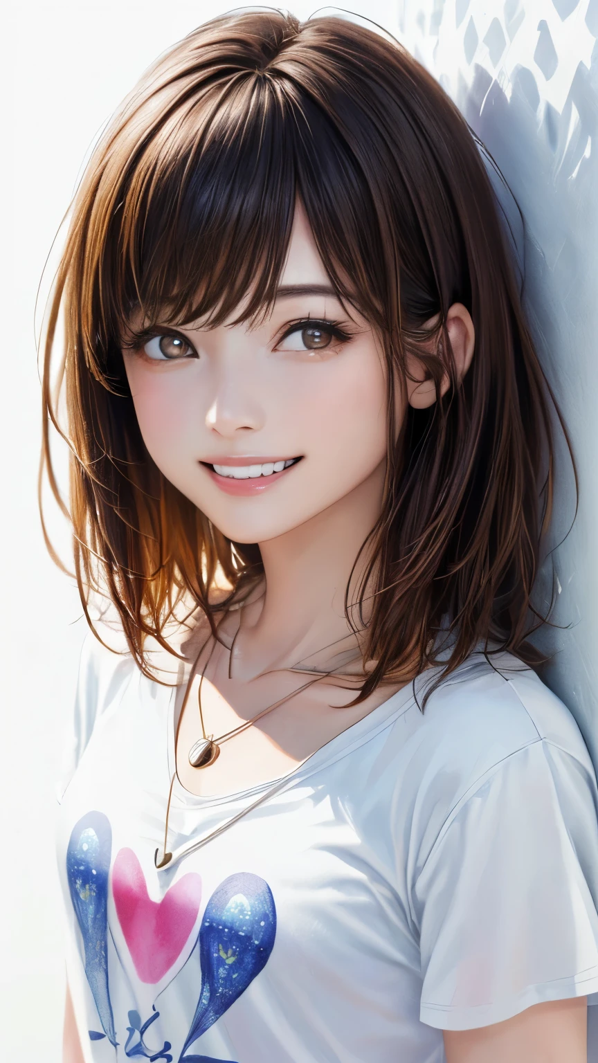 (highest quality、8K、32k、masterpiece)、(realistic)、(Photoreal:1.2)、(High resolution)、Super detailed、very beautiful face and eyes、1 girl、round and small face、thin waist、delicate body、(highest quality、high detail、Rich skin details)、(highest quality、8K、oil paint:1.2)、Super detailed、(realistic、realistic:1.37)、bright colors、(((flaxen hair)))、(((medium hair)))、(((full body shot)))、(((pure white wall background)))、(((pure white wall background)))、(((I&#39;m smiling)))、(((wearing a brown T-shirt)))、(((He looks like he&#39;s having fun)))、(((Teeth are visible)))、(((wearing a heart necklace)))、(((I'm touching my head)))、(((Botanical pattern T-shirt)))、brown clothes