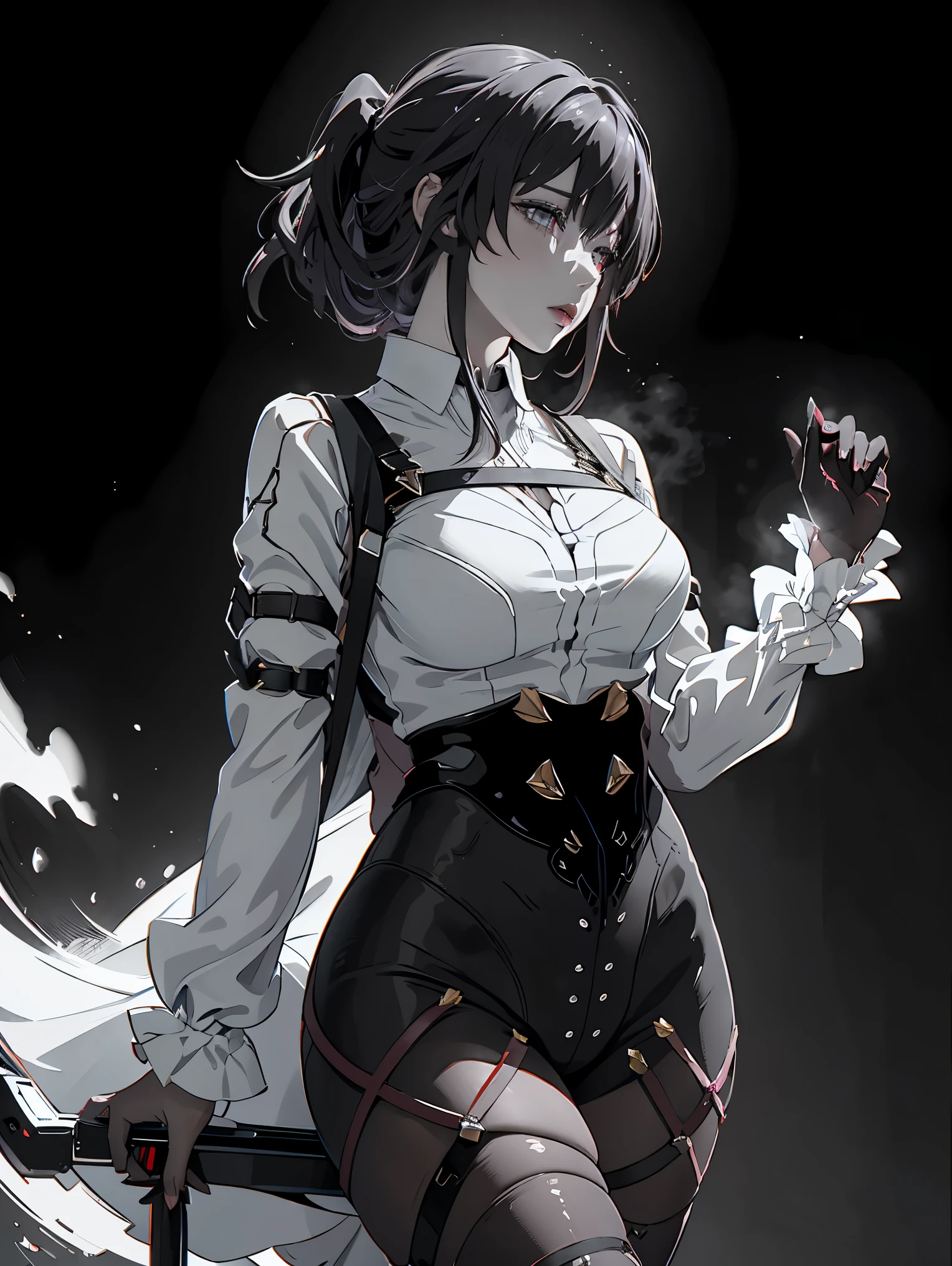 (best quality, 4k), (ultra details ayes), epic realistic, Kafka character, honkai star rail , stocking suspenders, anime style, vintage, (black monochrome background) best form, details, walking