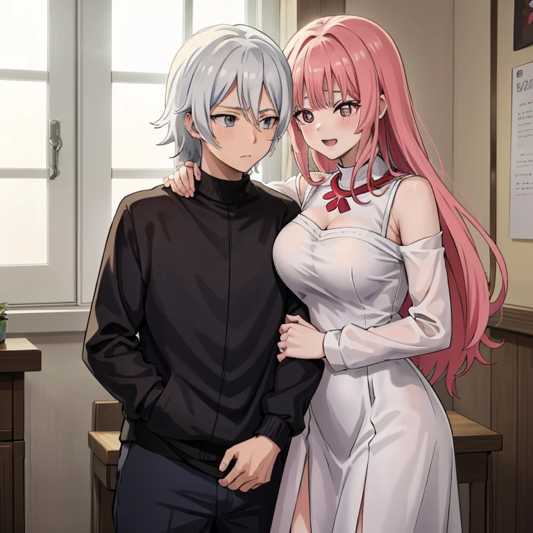(((obra maestra del anime))), (((anime bien realizado))), romantic couple teacher man and his family, mujer foxy adulta con el pelo largo gris y ojos rojos brillantes, piel palida, sonriente, hombre adulto, pelo corto negro rojizo, ojos radiantes de color verde saturado, piel palida, avergonzado 😳, muy cerca entre el y ella,