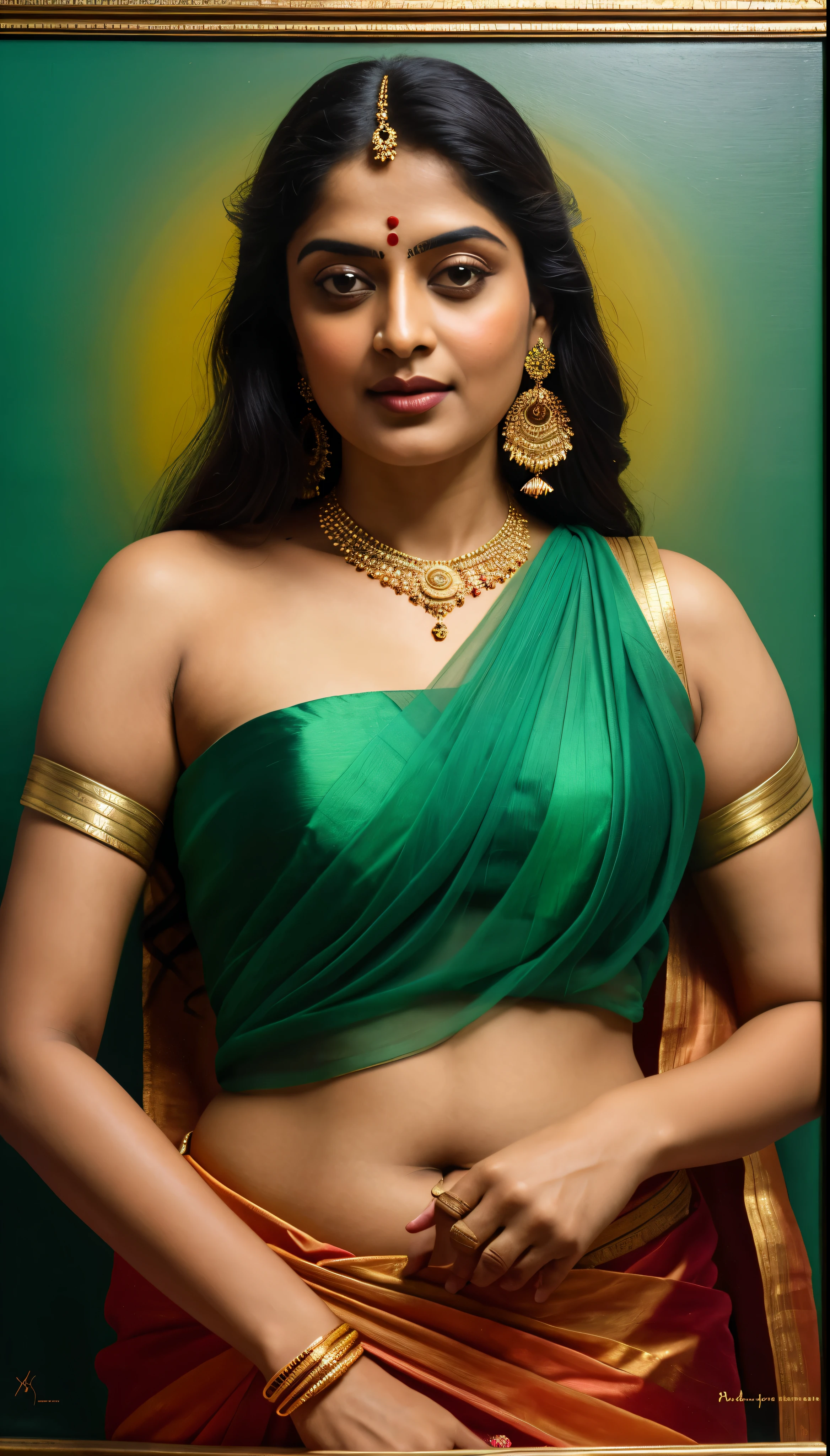 Beautiful painting of a woman in a sari with a necklace and earrings, looks like Sandeepa Dhar, inspired by Raja Ravi Varma, szukalski ravi varma, portrait of a beautiful goddess, by Raja Ravi Varma, indian goddess, traditional beauty, a stunning portrait of a goddess, inspired by T. K. Padmini, indian art, indian goddess of wealth, portrait of a goddess