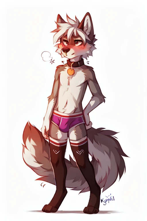 full body，No background, white background, ((by keihound, by reysi)), by Zackary911, by hyattlen, by fumiko, by fluff-kevlar, Furry, Anthro, ((wolf)), ((loose collar)), (()), ((twink)), ((small)), ((bored eyes)), ((annoyed expression)), ((blushing)), ((shaking motion line)), full body, short white hair, ((fluffy tail)), ((shirtless，bulge, stockings)), 