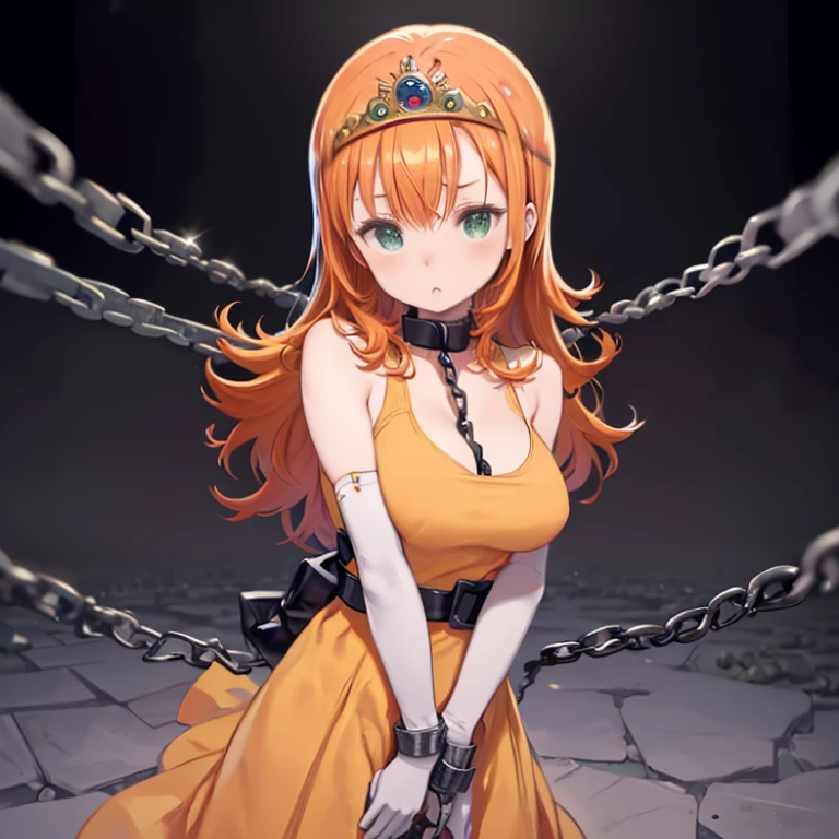 masterpiece, highest quality, Medium wide shot、cowboy shot、1　mature woman、big breasts、cleavage、dqLaura, orange hair、tiara, necklace, yellow dress, elbow gloves、tiara, orange hair, long hair, big , butt, necklace, yellow dress, elbow bag, looking at the viewer,　NSFW,sex,,(((bind with chains:1.5))),(put your arms back:1.3)，(Sorry look)，suppressed ,restrained by chains, tightly bound and confined ,There are a lot of blood stains on the shirt, sad face、mouth open、angle from below、cave、prison、dark、green dragon behind、