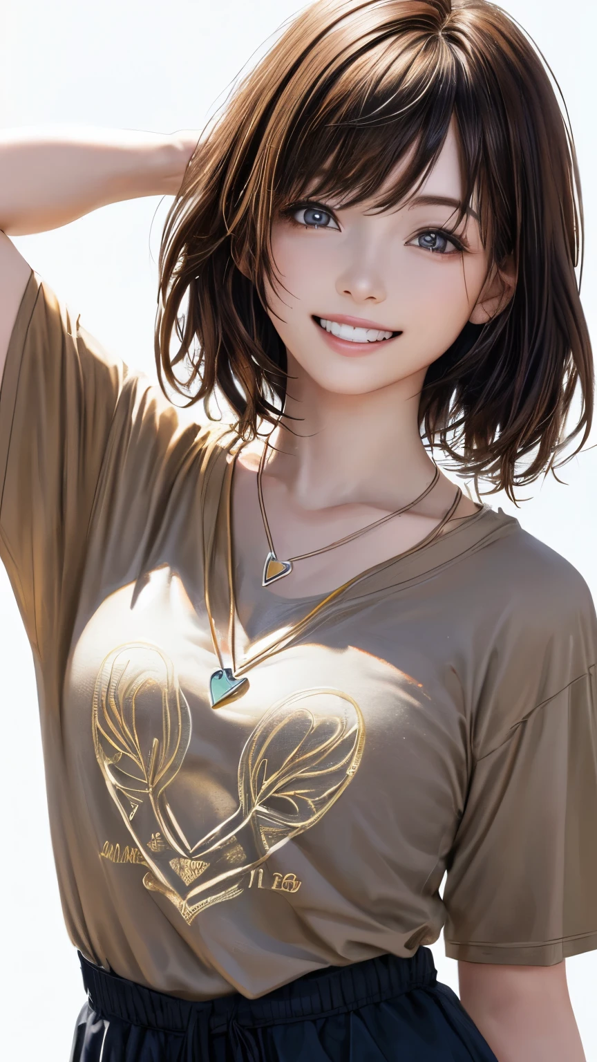 (highest quality、8K、32k、masterpiece)、(realistic)、(Photoreal:1.2)、(High resolution)、Super detailed、very beautiful face and eyes、1 girl、round and small face、thin waist、delicate body、(highest quality、high detail、Rich skin details)、(highest quality、8K、oil paint:1.2)、Super detailed、(realistic、realistic:1.37)、bright colors、(((flaxen hair)))、(((medium hair)))、(((full body shot)))、(((pure white wall background)))、(((pure white wall background)))、(((I&#39;m smiling)))、(((wearing a brown T-shirt)))、(((He looks like he&#39;s having fun)))、(((Teeth are visible)))、(((wearing a heart necklace)))、(((I'm touching my head)))、(((Botanical pattern T-shirt)))、brown clothes