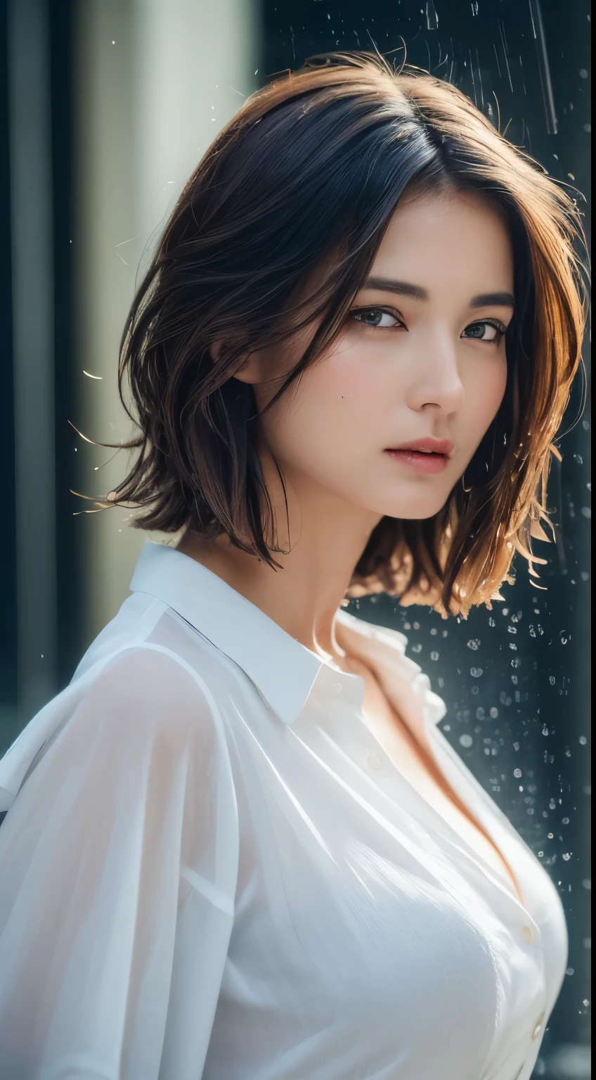 ((Best Quality, 8K, Masterpiece: 1.3)), Sharp: 1.2, Perfect Body Beauty: 1.4, Slim Abs: 1.2, ((Layered Hairstyle, Big Breasts: 1.2)), (Wet White Button Long Shirt: 1.1), (Rain, Street: 1.2), Wet: 1.5, Highly detailed face and skin texture, detailed eyes, double eyelids, side face looking at the camera