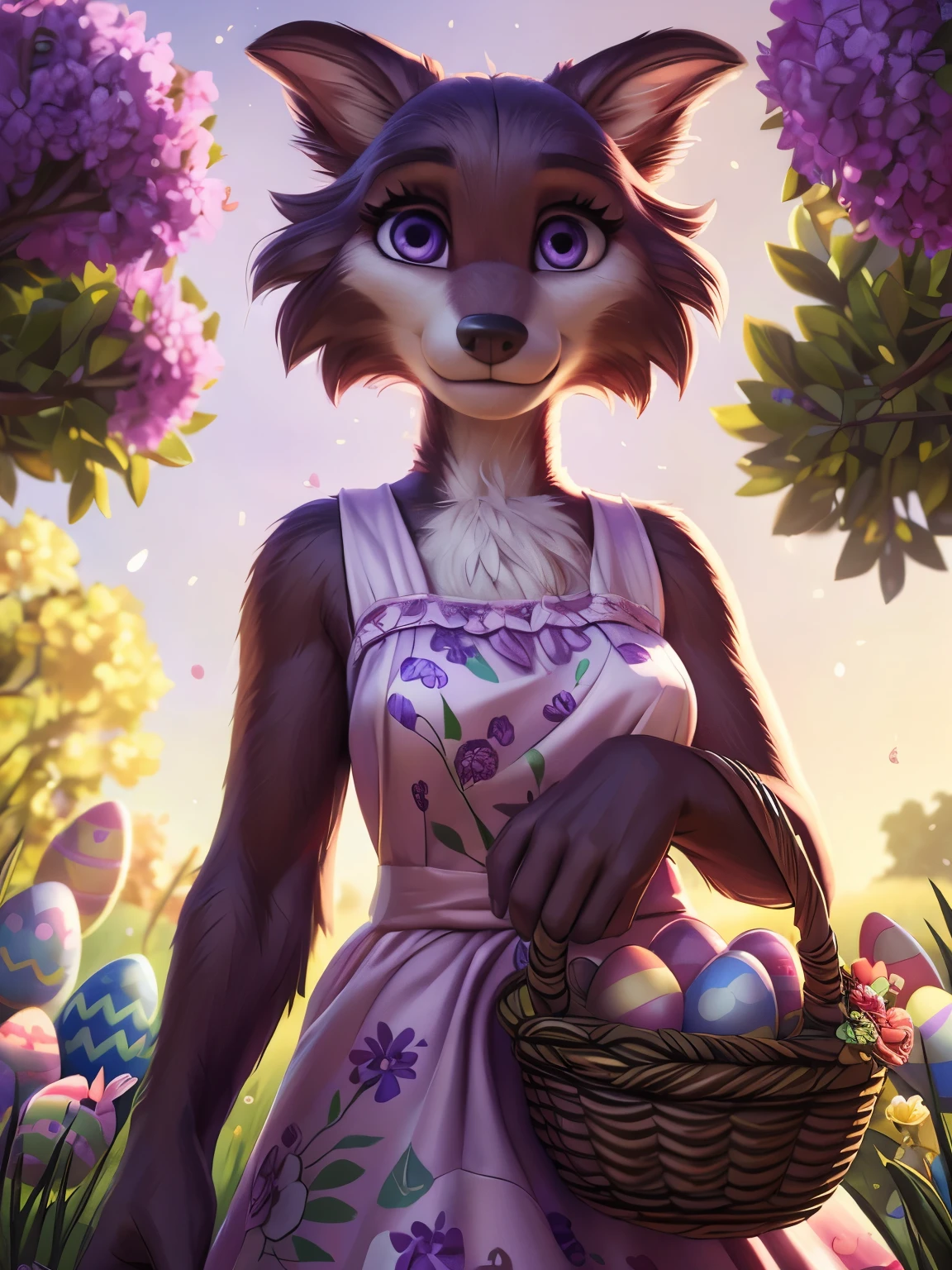 (by pixelsketcher:0.6), (by personalami :0.6), solo, furry anthro juno, female, detailed background, (cinematic lighting:1.1), (perfect focus:1.1), 8k hd, photo, (detailed eyes:1.2),depth of field, bokeh, subsurface scattering, perfect breasts, wide angle,(dress, dress with flowers,floral print dress,holding a basket with easter eggs), bright colors, (furry detail:1.3), depth of field, bokeh,natural landscape, green meadows, trees,trees with green leaves,easter eggs in the landscape,brown fur,brown body,fur body,purple eyes,anthro wolf girl, detailed fur, fluffy fur, fluffy tail,(detailed pixar purple eyes:1.2),smile, seductive smile