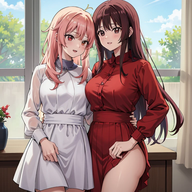 2girls,girl1:adolable,A pink-haired,Long whit hair,white stockings,robe blanche,Girl 2:adolable,A pink-haired,Long whit hair,white stockings,robe blanche。Kisses and hugs