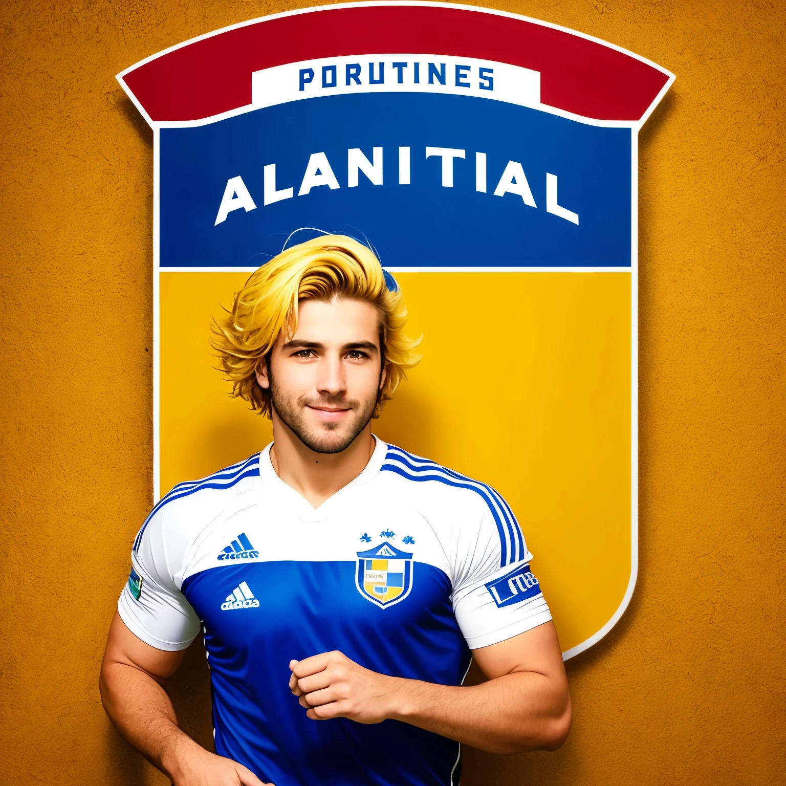 Generar una imagen del escudo del Millonarios FC con tapas y sellos de la cerveza Andina, recreating the aesthetics of a pop art painting. Using vibrant colors and sharp focus, This masterpiece captures the essence of the football team in a unique way. Cinematic lighting highlights the club crest and creates a glowing effect on the yellow hair and red eyes of the smiling man wearing a white Corinthians shirt. With dynamic action, la imagen muestra al hombre sentado frente a una pared blanca, creando una