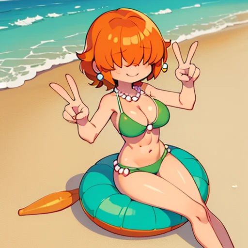 ,High quality,Female ,((hair covering eyes,fluffy hair,short hair,exhausted expression,smiling,(breasts),solo,orange hair,toned,Earrings,Curvy legs,2 arms, Pearl Necklace,green bikini,beach,sitting,peace sign