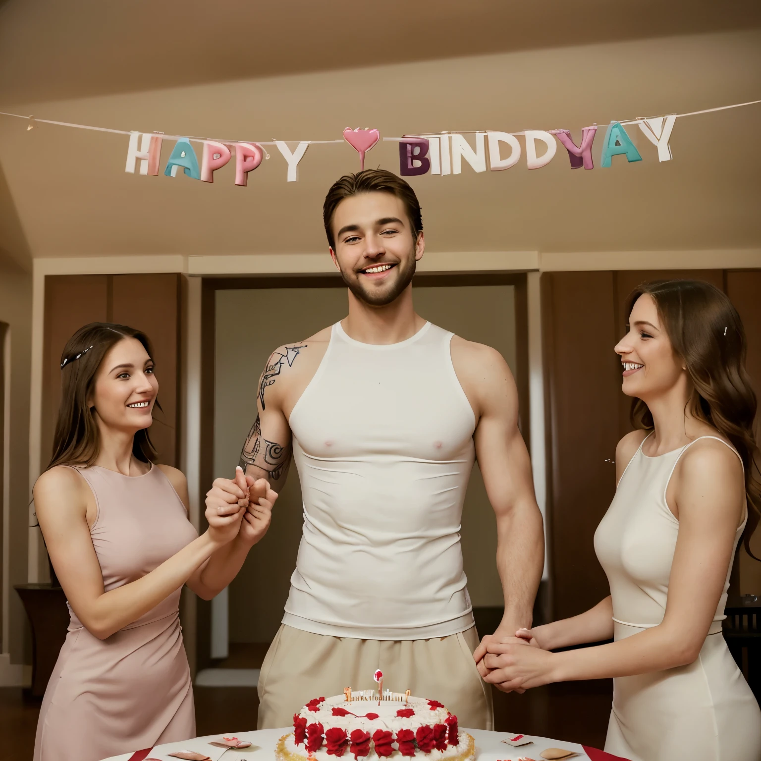 A handsome man with a thin beard and athletic body wearing a tight shirt shoing a full arm tattoo blowing a birthday cake candles with marvin letters written on it on his 45th birthday surrounded with his beautiful gorgeous elegant sexy wife jn a gorgeous dress, beautiful age daughter and handsome teenboy in their fancy ,expensive and luxurious living room, laughing, giggling, joy , happy family, happy ocassion, family event, clapping hand, celebrating husband burthday, heart warming , romantic , fun, wife kissing husband, Photorealistic, Ultra realistic, detail face, guests, friends and family