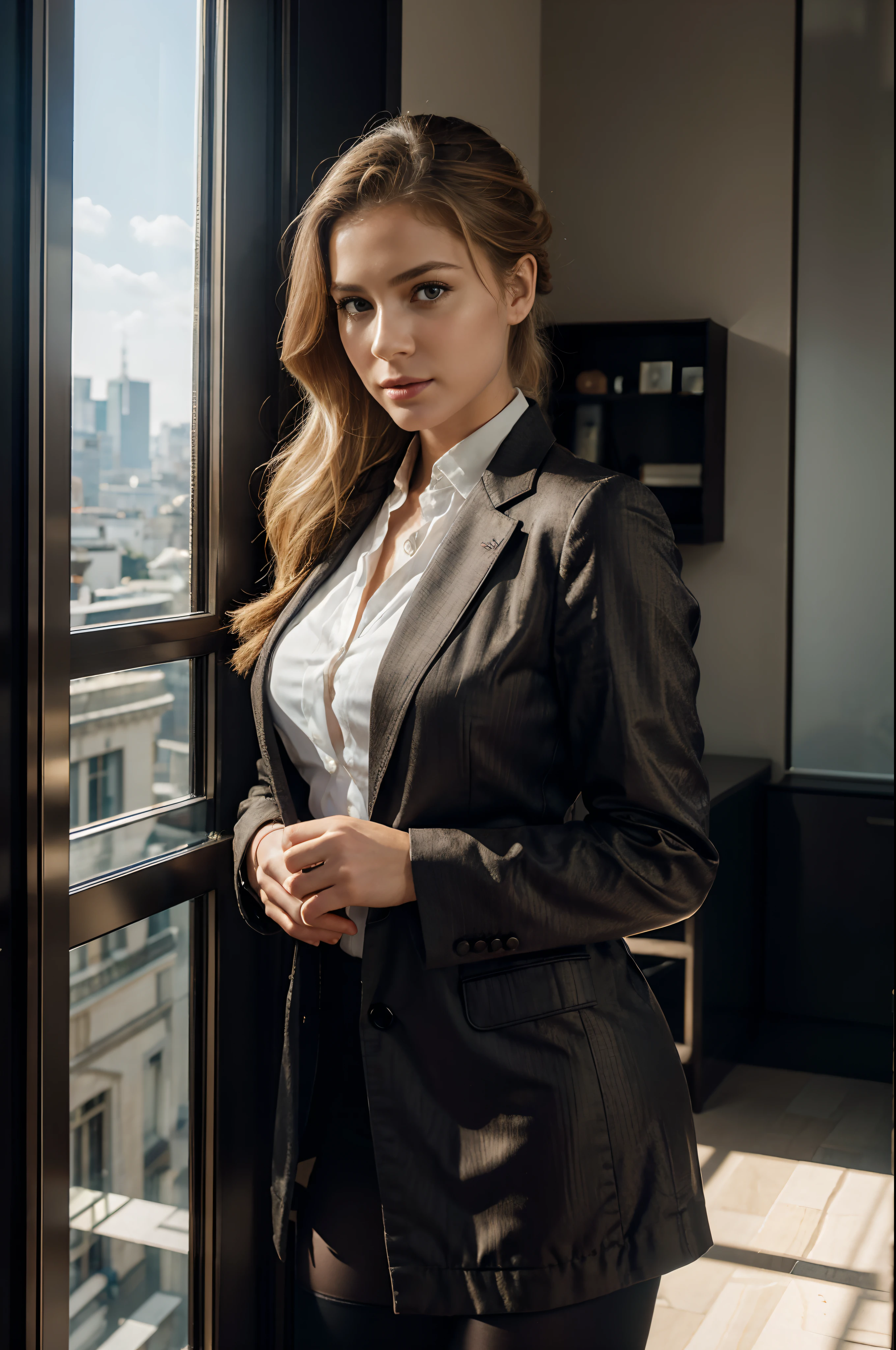 1 garota, (europeu:1.3), 25 anos,sofisticado, cheveux blonds, Businesswoman's suit, (You know:1.1), (camisa:1.1), (Saia envolvente:1.1),Accessories, Joia, pasta, pantyhose,bas, (Realista:1.3), finamente detalhado, qualidade, (obra de arte:1.2), (fotorrealista:1.2), (Best qualidade), (pele detalhada:1.3), (detalhes altos e intrincados), dramatique, rastreamento de raio, fotografia, Banhado em sombras, novela visual, boss office in skyscraper, janela com vista para a cidade, Film grain, Kodak ou 200, Profundidade de campo 100 mm, cheveux blonds, cabelo penteado em rabo de cavalo, sorridente, flirts with the camera