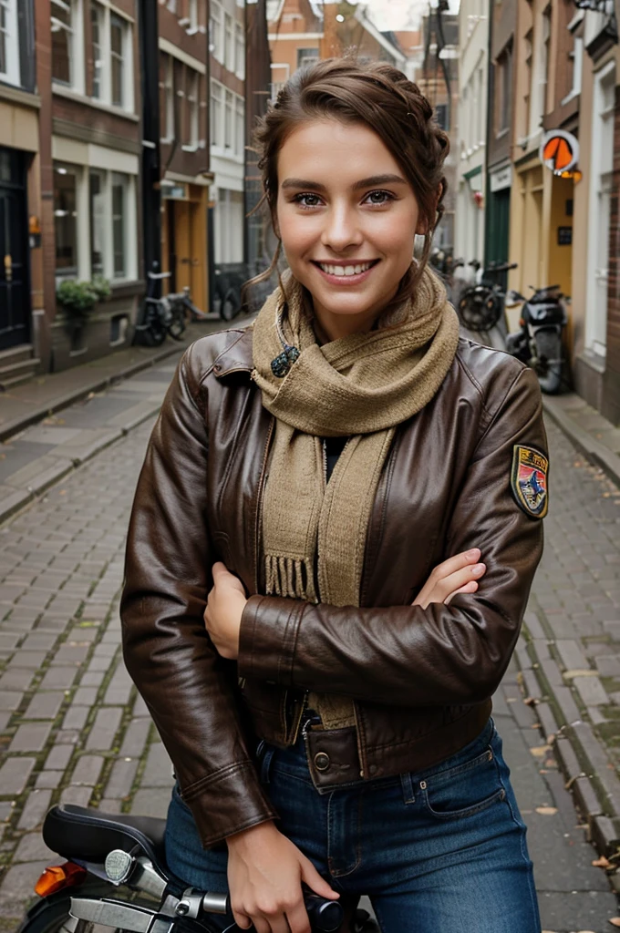 beautiful woman in brown military jacket and jeans, smiling, posing for photo with motorcycle on street of Amsterdam, brown hair updo, wearing scarf around neck, professional photography, detailed skin texture, detailed eyes, detailed teeth,