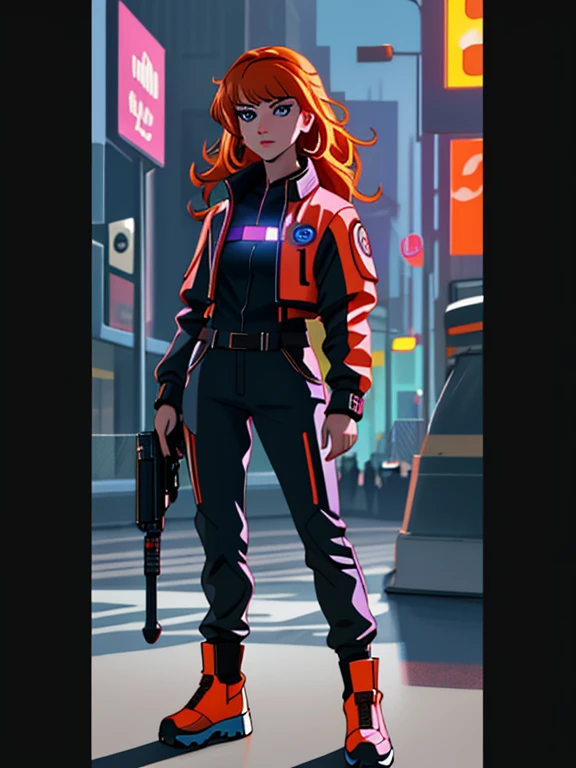 1girl, Sexy Experienced Cyberpunk Agent, orange hair, blue eyes, (Wearing: highly detailed futuristic jumpsuit, utility belt, boots), light skin, natural makeup, athletic body, standing in a futuristic city with neon lights, holding two pistols with both hands, looking fiercely at the viewer. heroic pose, full-length, full body, fight scene, full-length, Scarlett Johansson, super face detail, Very detailed, 8k, dark tone, dark shadow, glow in the dark, game color correction, (HDR, UHD, 64k, best quality, RAW photo, best quality, masterpiece: 1.5), UHD, hd, k, hyperrealism, very detailed, full of bodies, hyperrealism, very detailed, in hyper-realistic detail, hyper-realistic full-body detail, high detailed, digital painting, trending on artstation, HD quality
